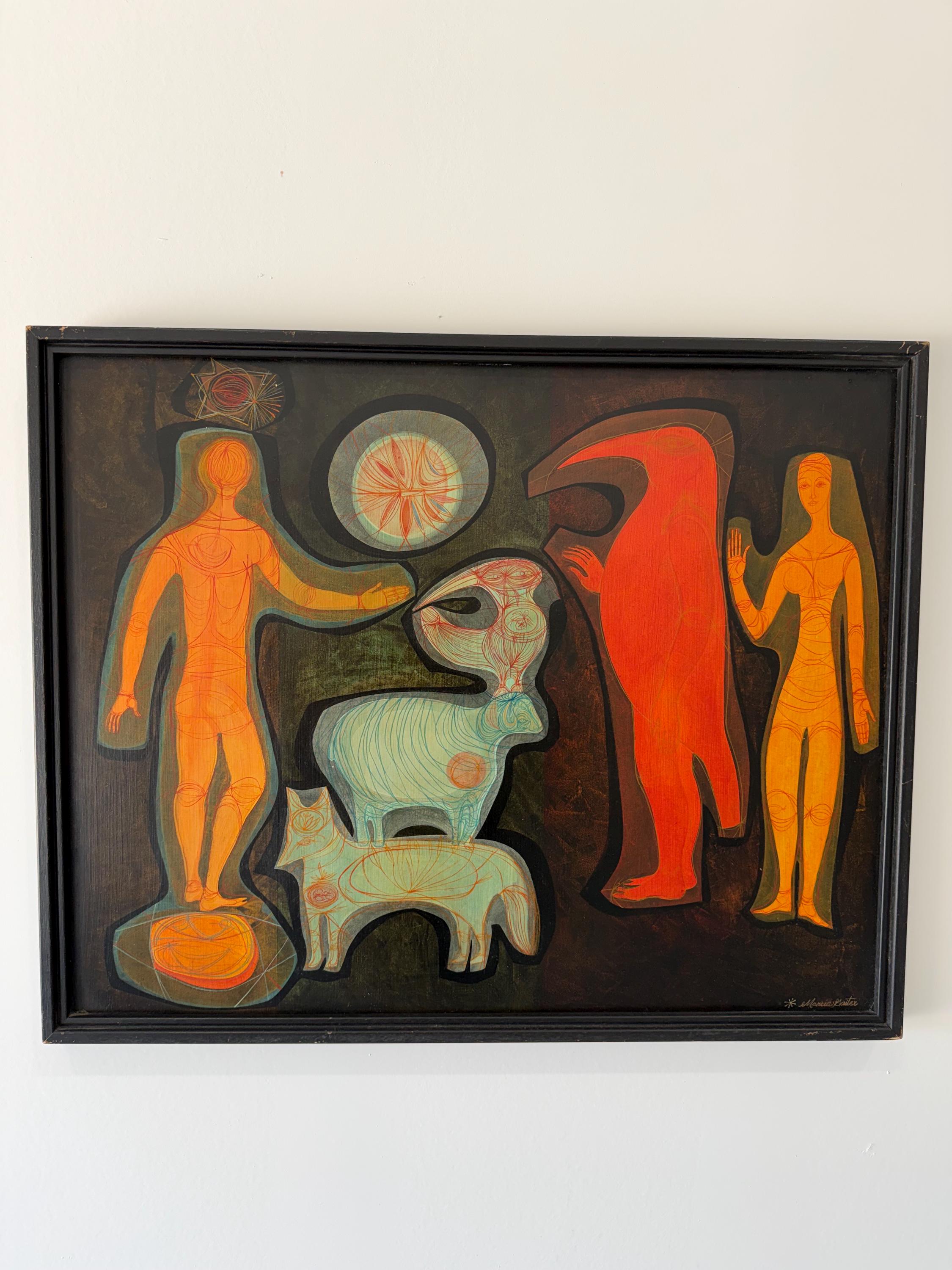Mid Century Modern Original Painting, The Peacable Kingdom by Marcia Gaiter c.1960’s