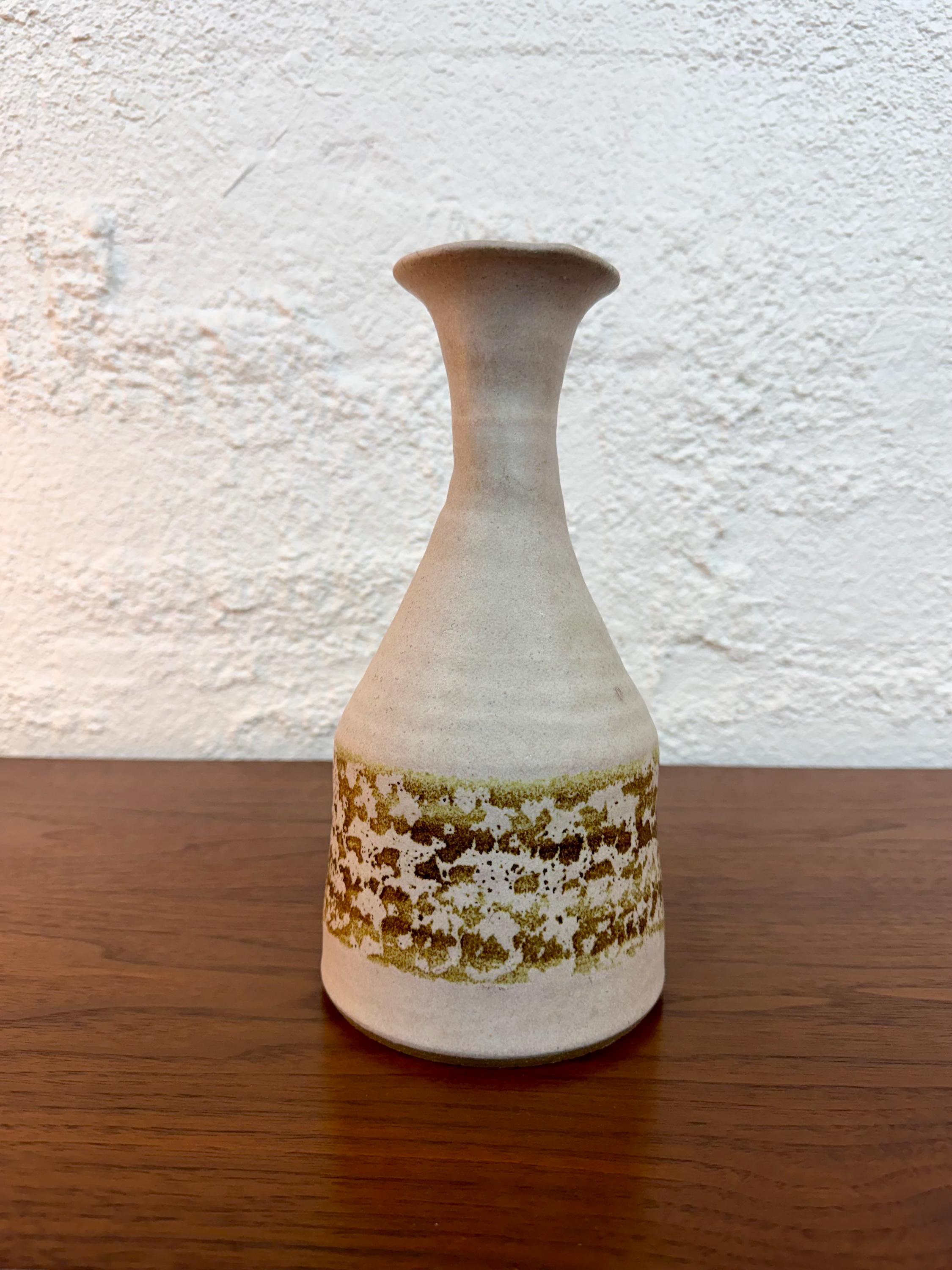 Vintage Signed Neutral Tone Studio Pottery Vase, Cream and Brown Glaze