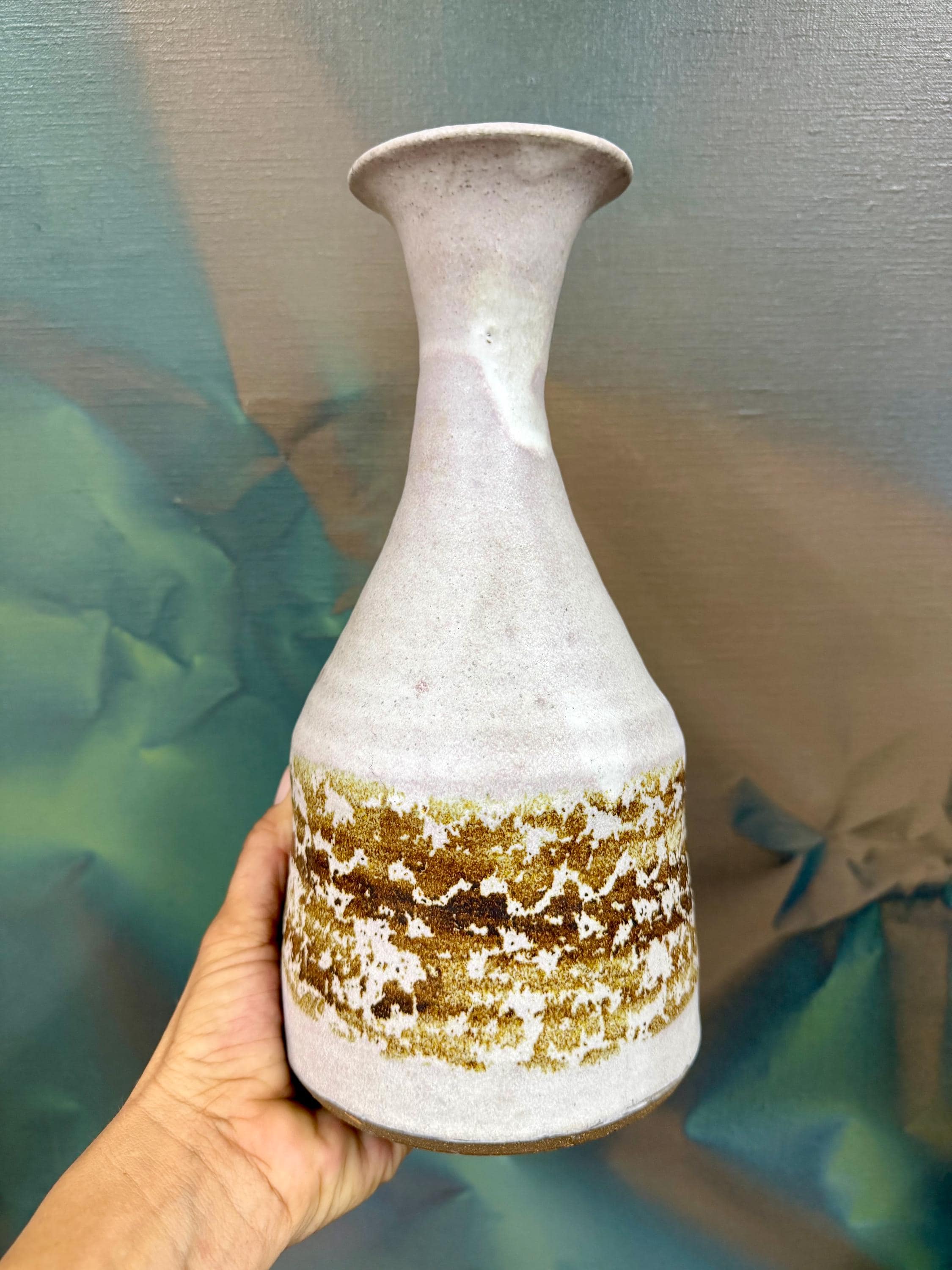 Vintage Signed Neutral Tone Studio Pottery Vase, Cream and Brown Glaze