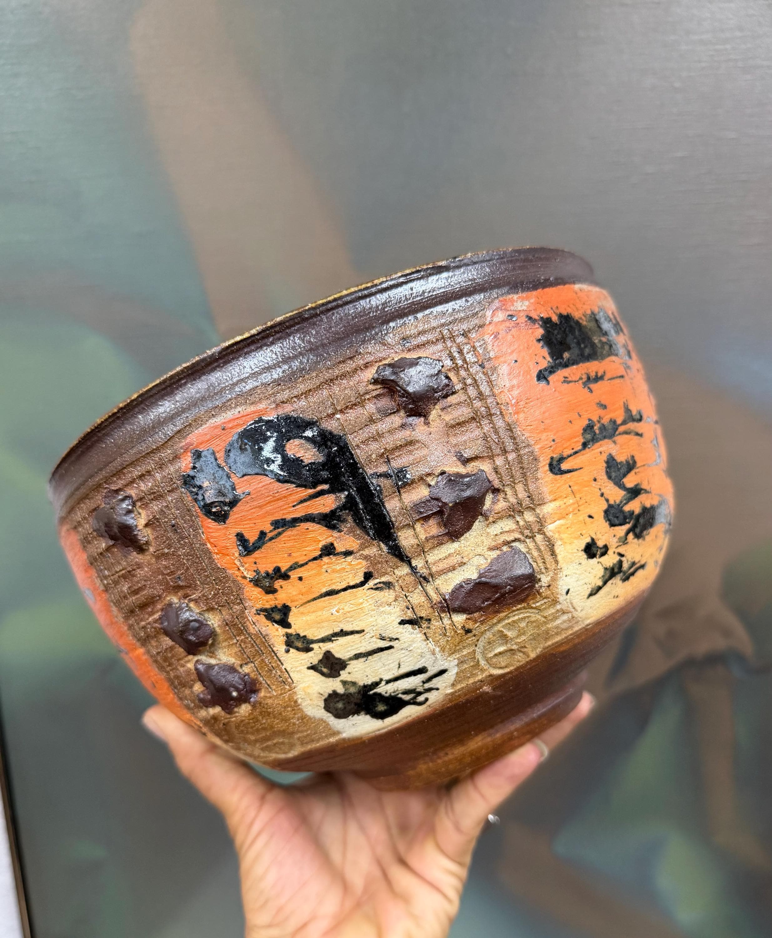 Otto Heino California Studio Pottery Bowl, Orange Brown and Cream