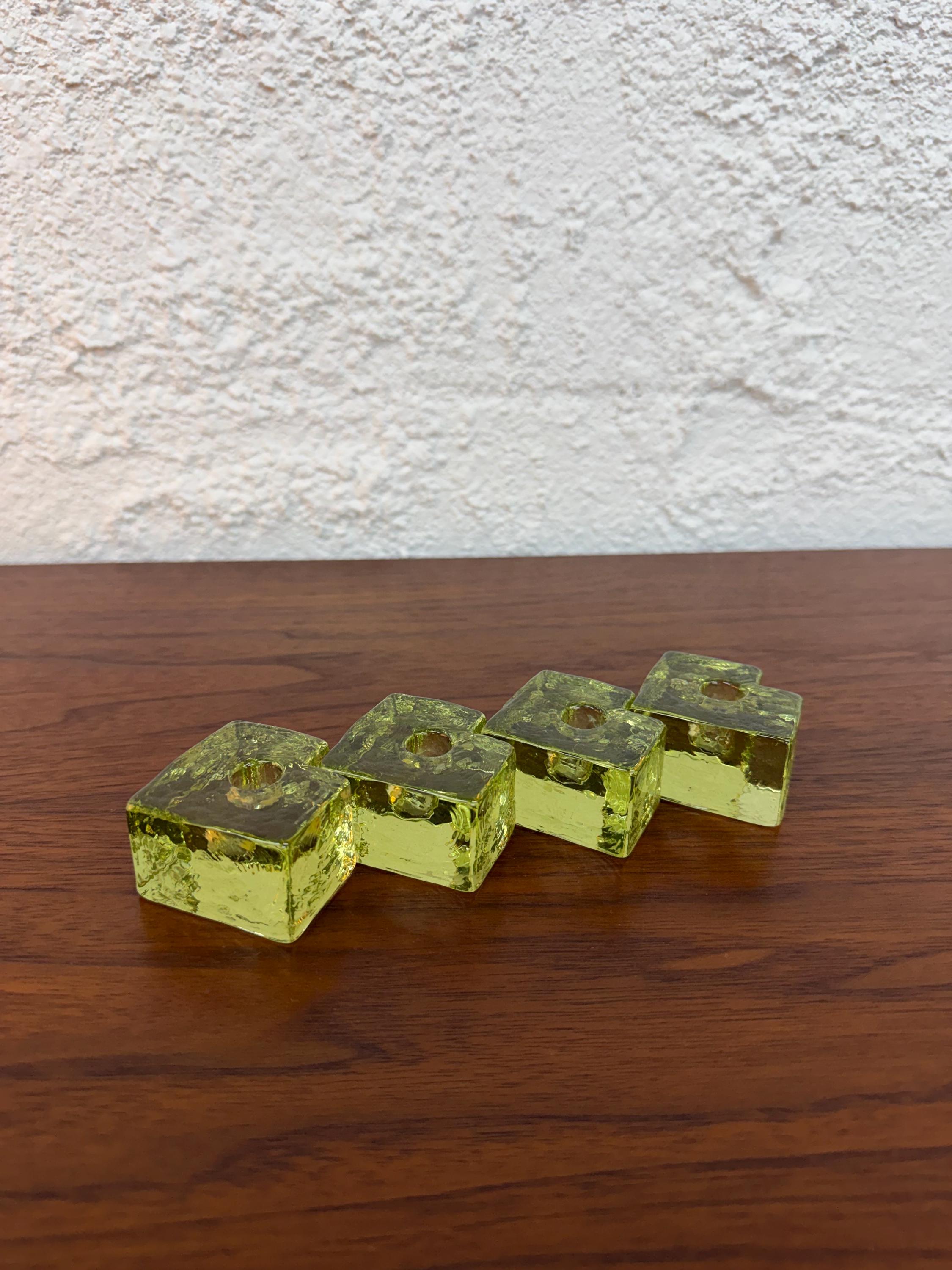 Mid Century Scandinavian Ice Cube Glass Puzzle Candle Holders, Set of 4. Konst Glass Sweden