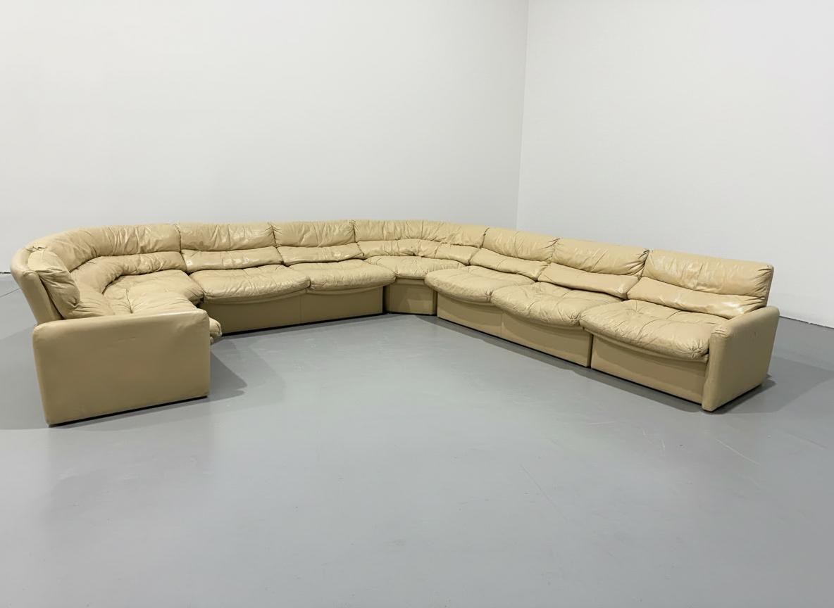 Vintage Postmodern Cream Leather Modular Sectional, 6pcs