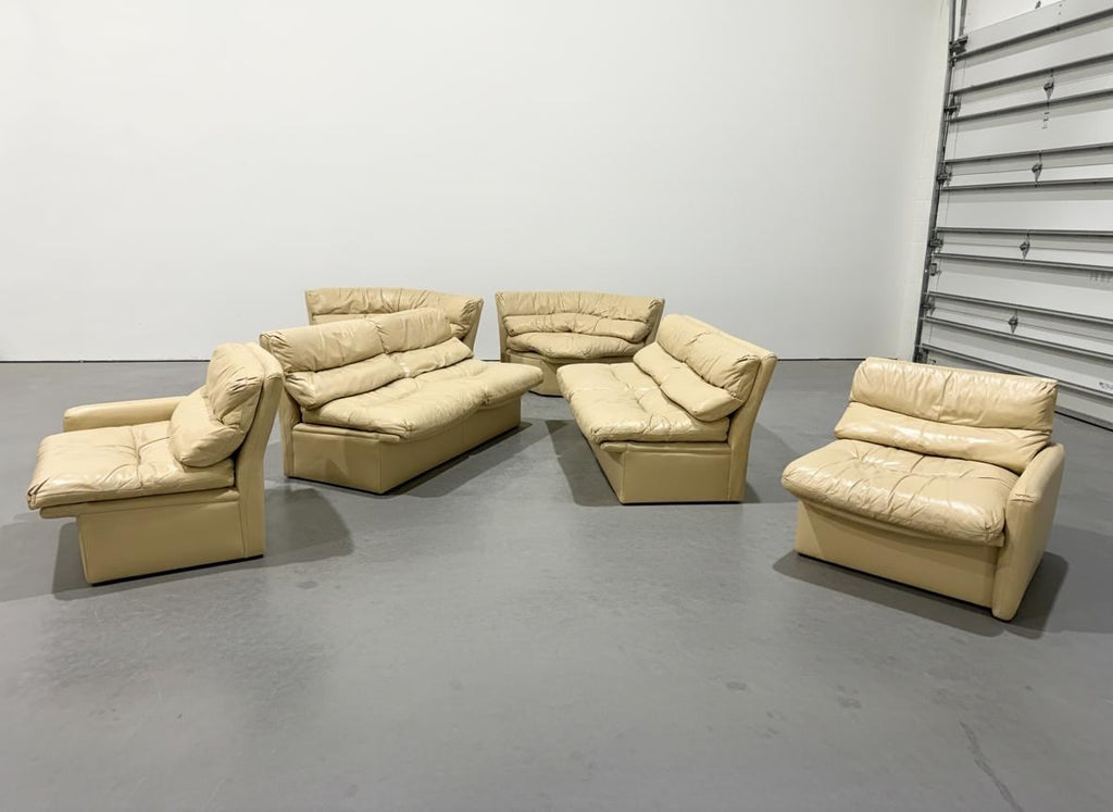 Vintage Postmodern Cream Leather Modular Sectional, 6pcs