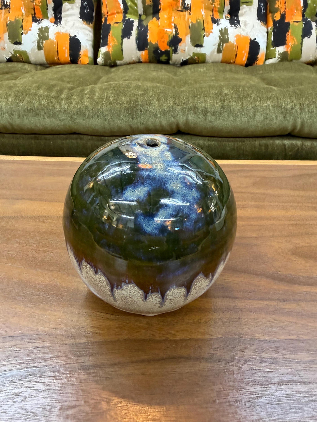 Vintage Studio Pottery Small Drip Glaze Ball Weed Pot