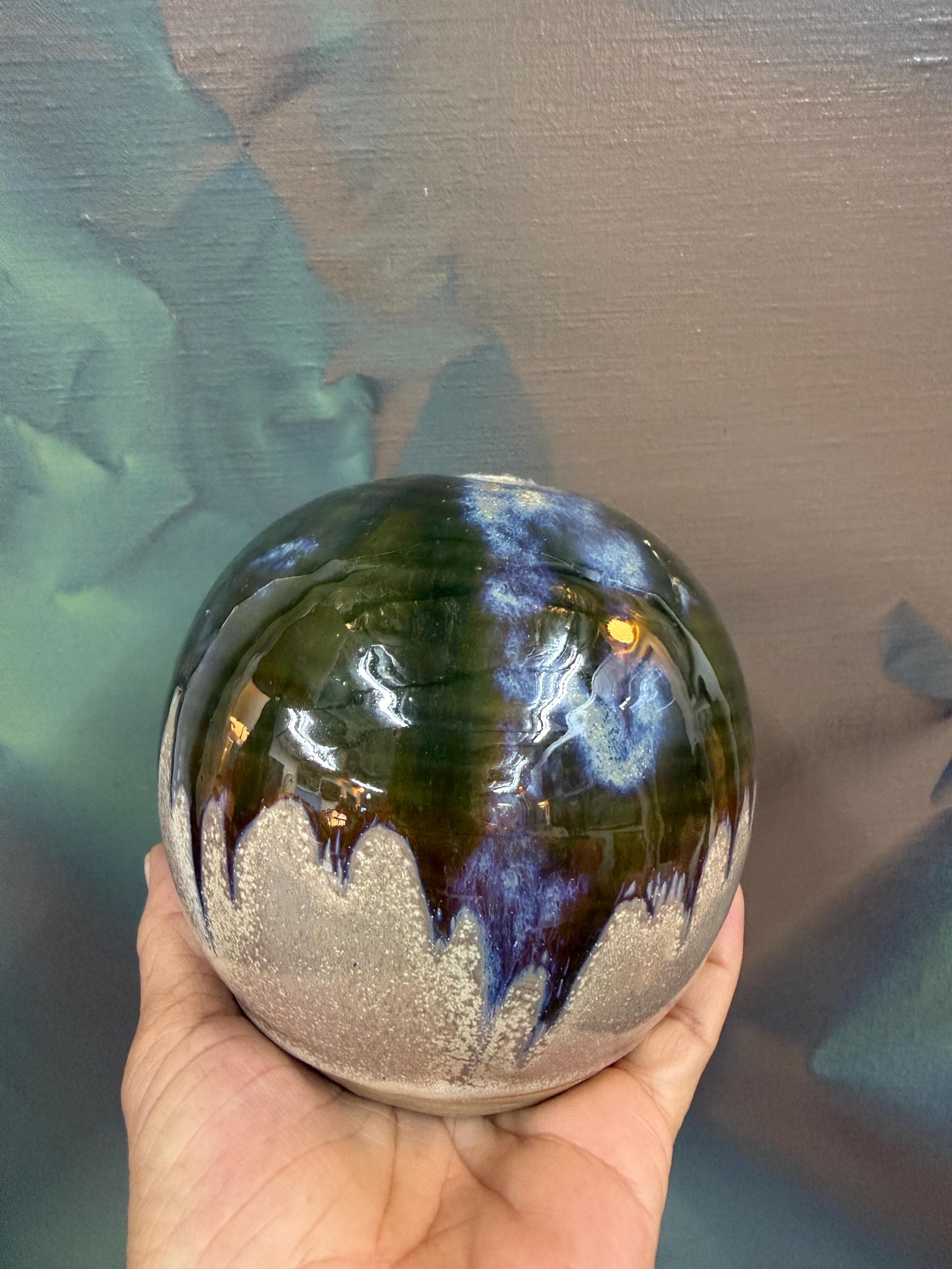 Vintage Studio Pottery Small Drip Glaze Ball Weed Pot