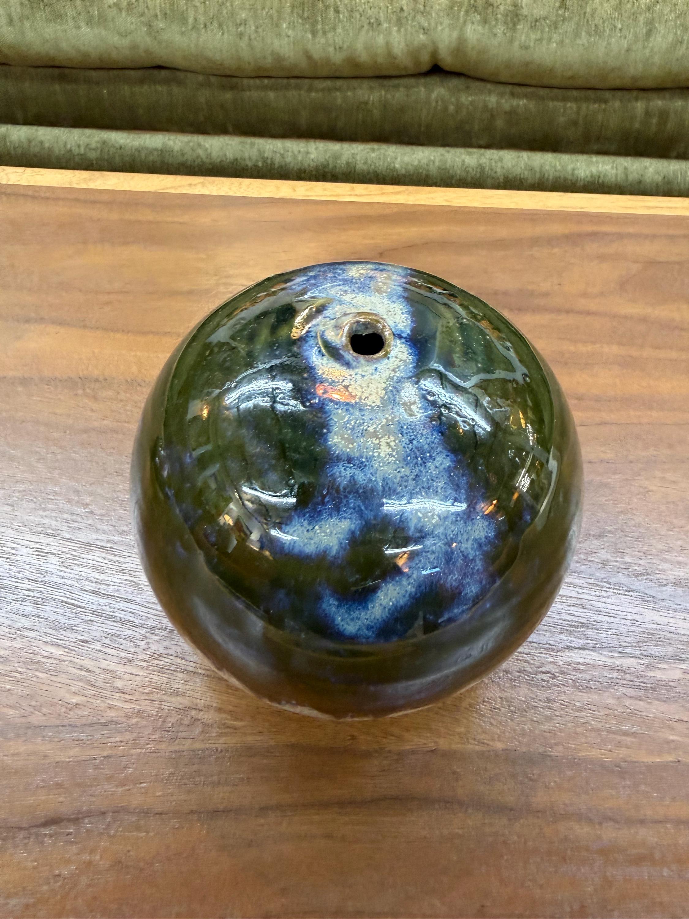 Vintage Studio Pottery Small Drip Glaze Ball Weed Pot