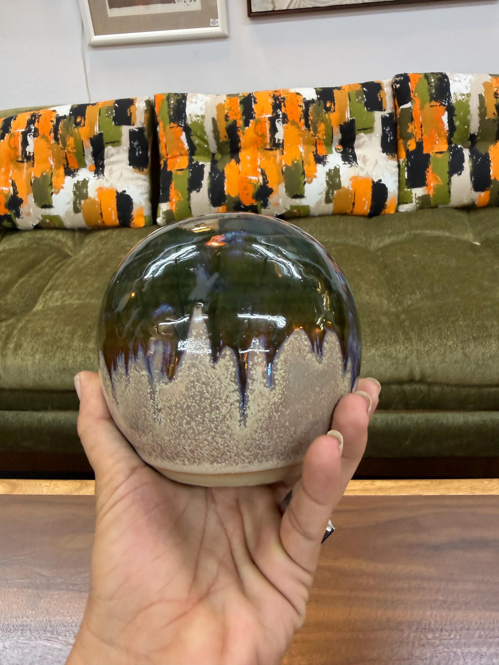 Vintage Studio Pottery Small Drip Glaze Ball Weed Pot