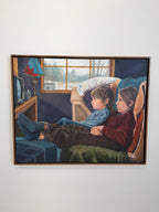 Large Vintage Original Figurative Acrylic on Canvas, Boys Watching TV c.1980’s