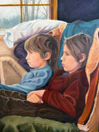 Large Vintage Original Figurative Acrylic on Canvas, Boys Watching TV c.1980’s