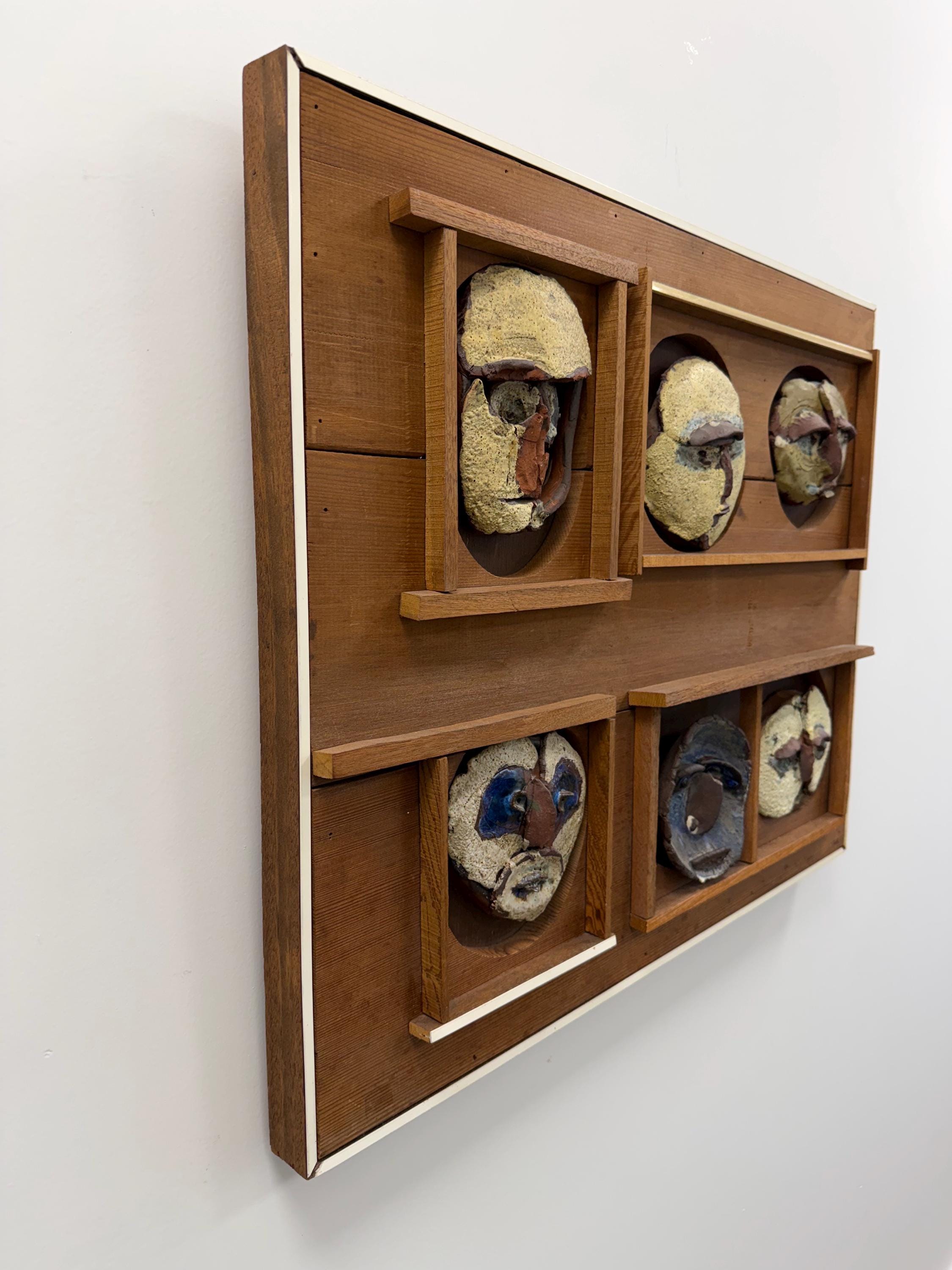 Abstract Faces Mid Century Studio Pottery and Wood Wall Art by Harold Nosti