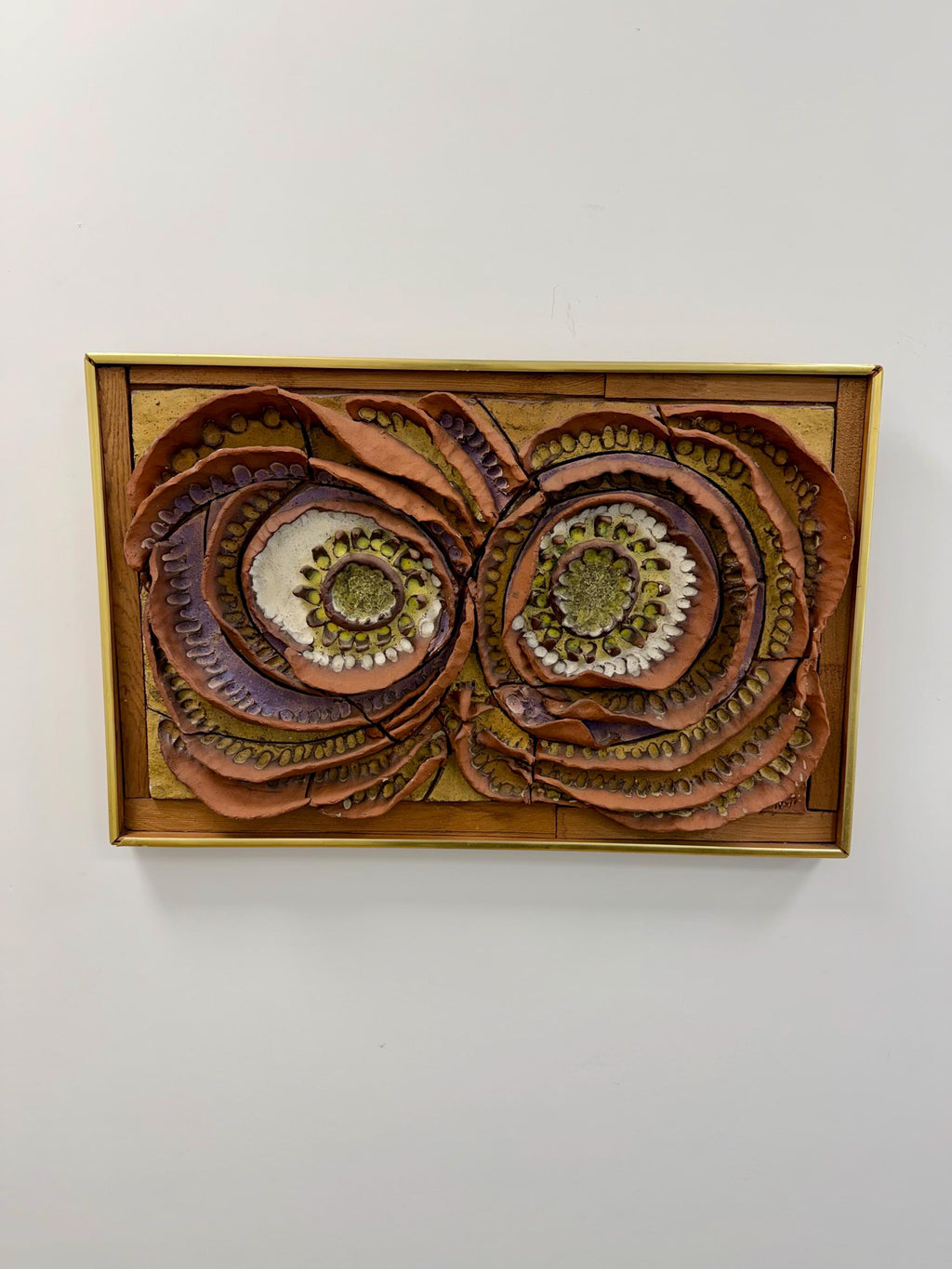 Abstract Owl Mid Century Studio Pottery and Fused Glass Framed Wall Art by Harold Nosti