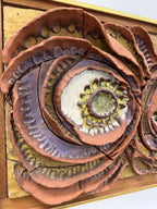 Abstract Owl Mid Century Studio Pottery and Fused Glass Framed Wall Art by Harold Nosti