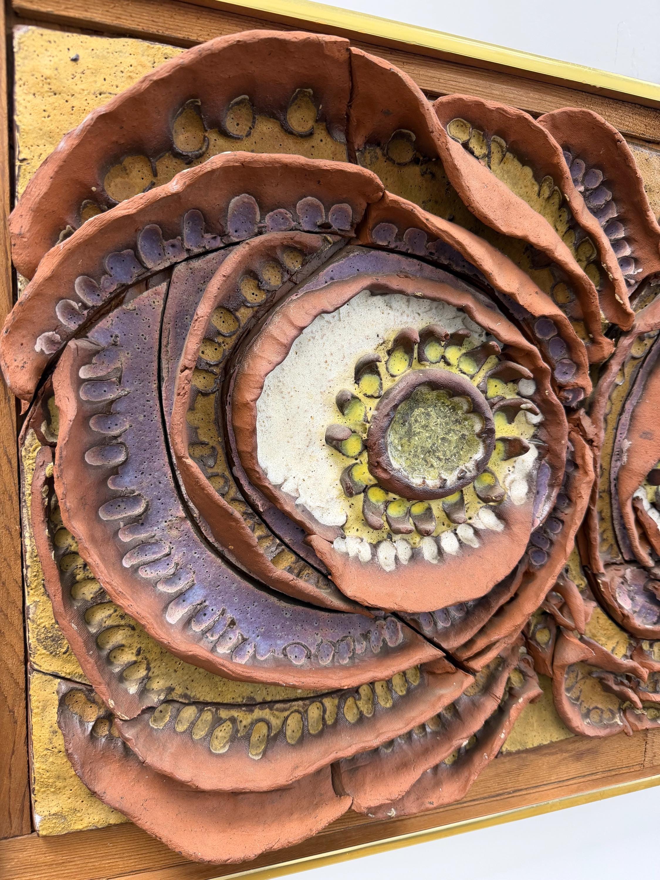 Abstract Owl Mid Century Studio Pottery and Fused Glass Framed Wall Art by Harold Nosti