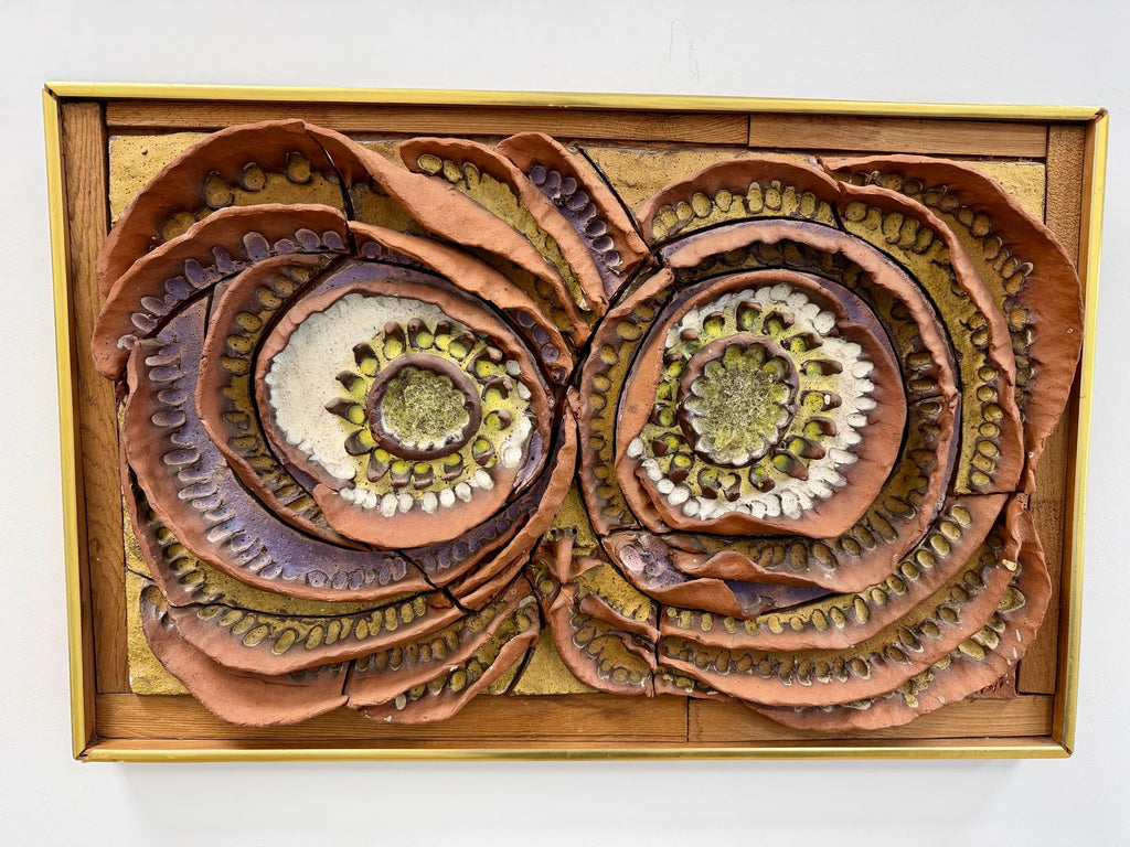Abstract Owl Mid Century Studio Pottery and Fused Glass Framed Wall Art by Harold Nosti