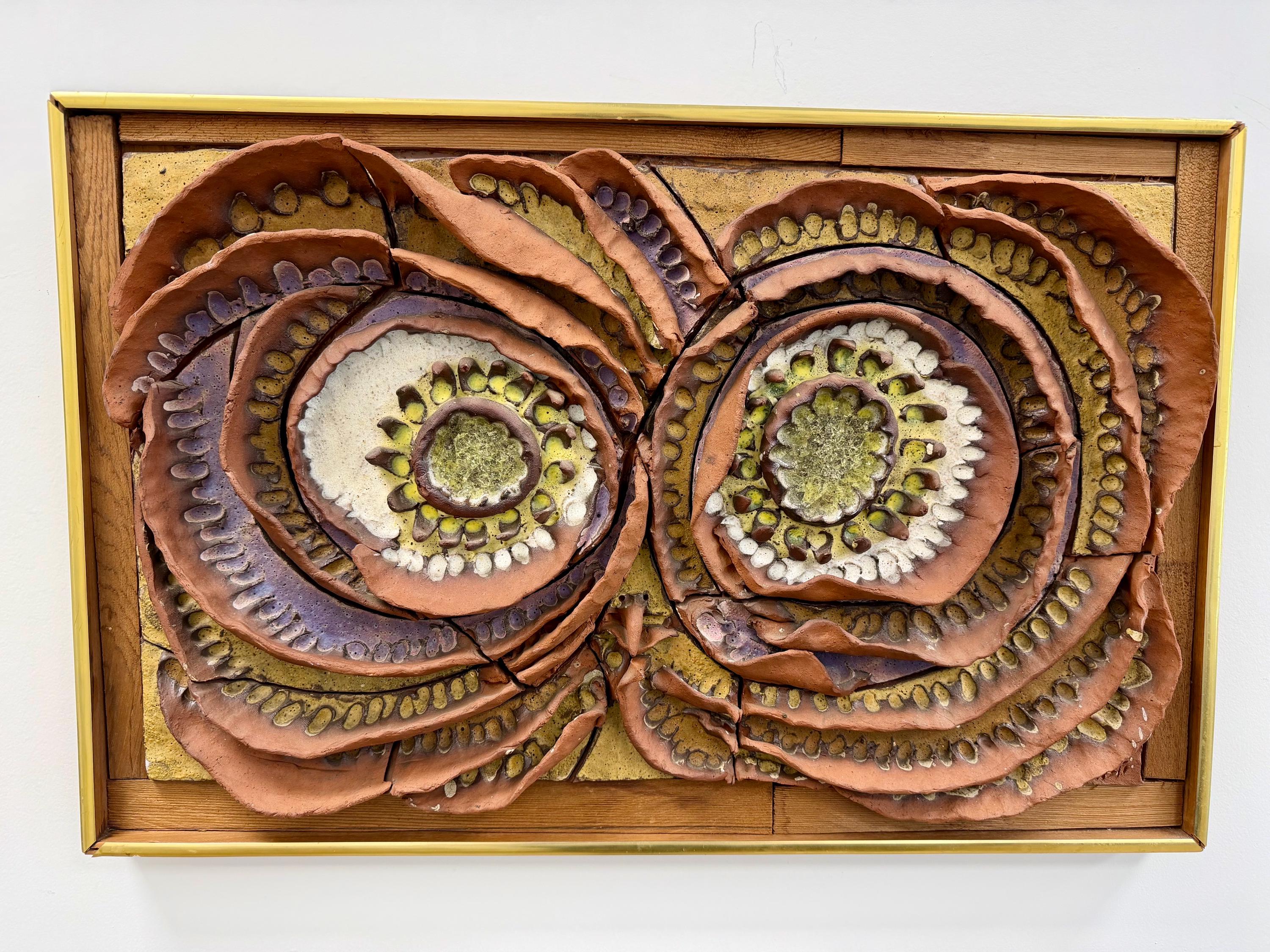 Abstract Owl Mid Century Studio Pottery and Fused Glass Framed Wall Art by Harold Nosti