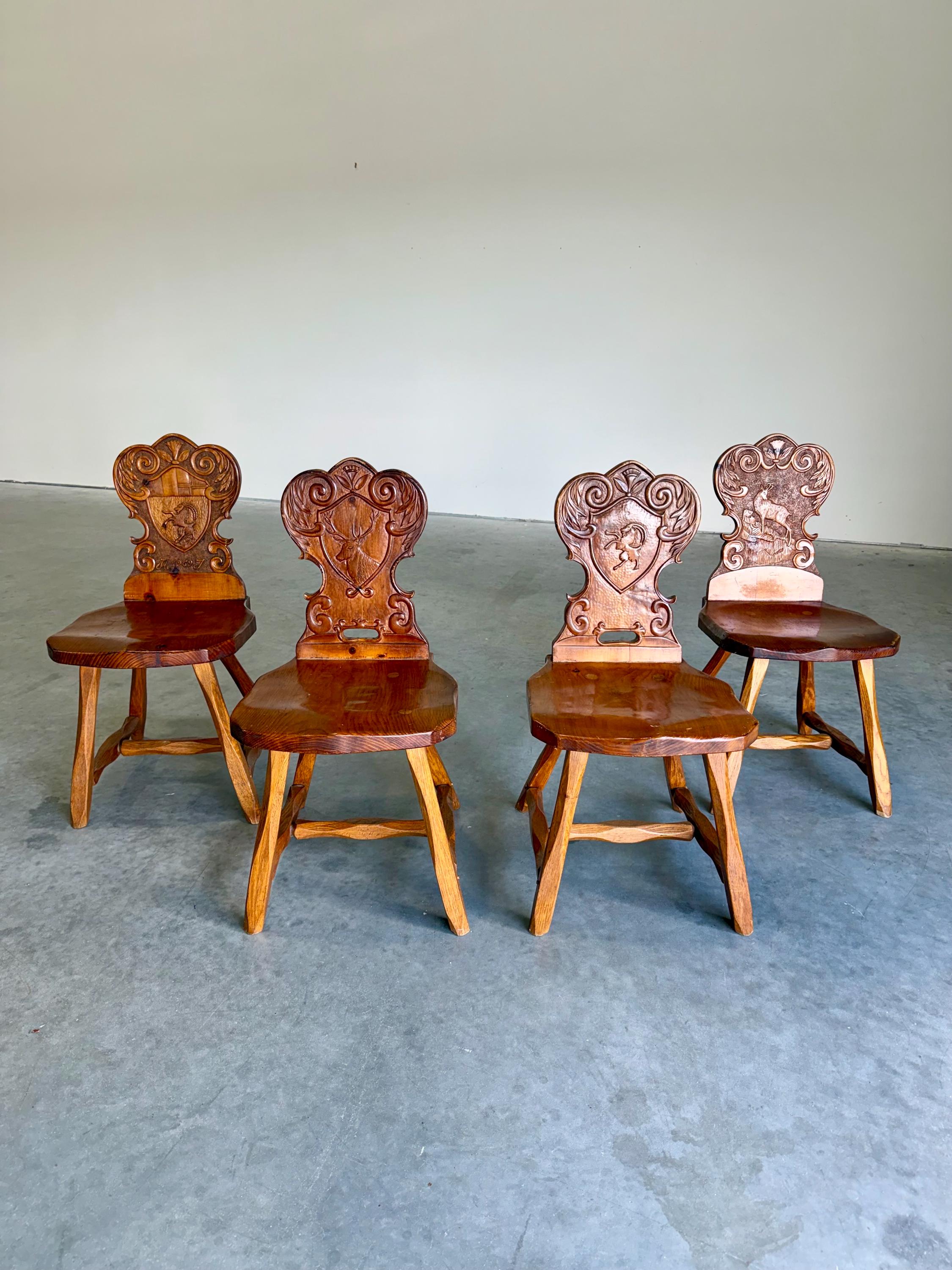 Vintage Brutalist Tyrolean Swiss Alpine Carved Pine Dining Chairs, Set of 4