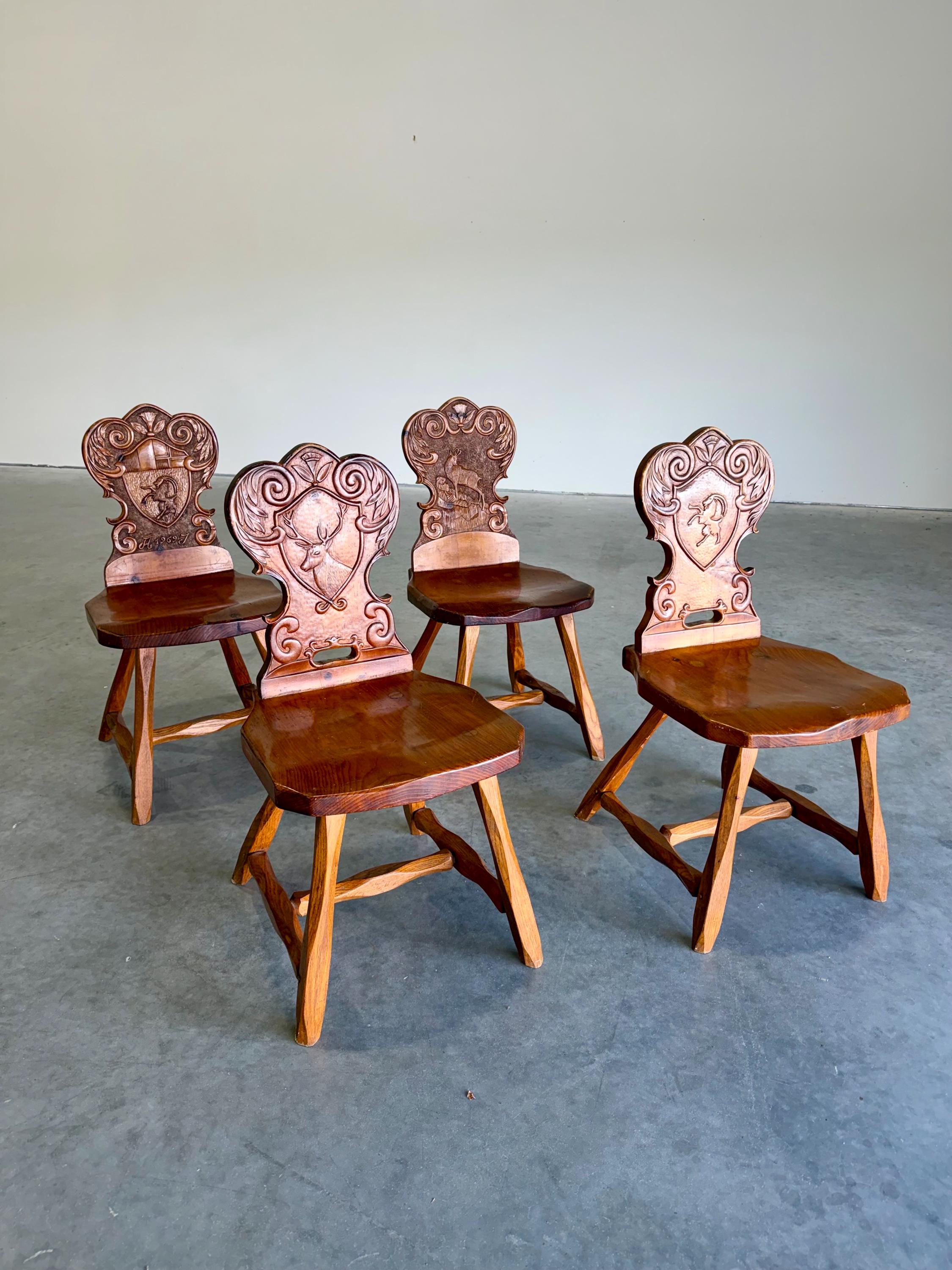 Vintage Brutalist Tyrolean Swiss Alpine Carved Pine Dining Chairs, Set of 4