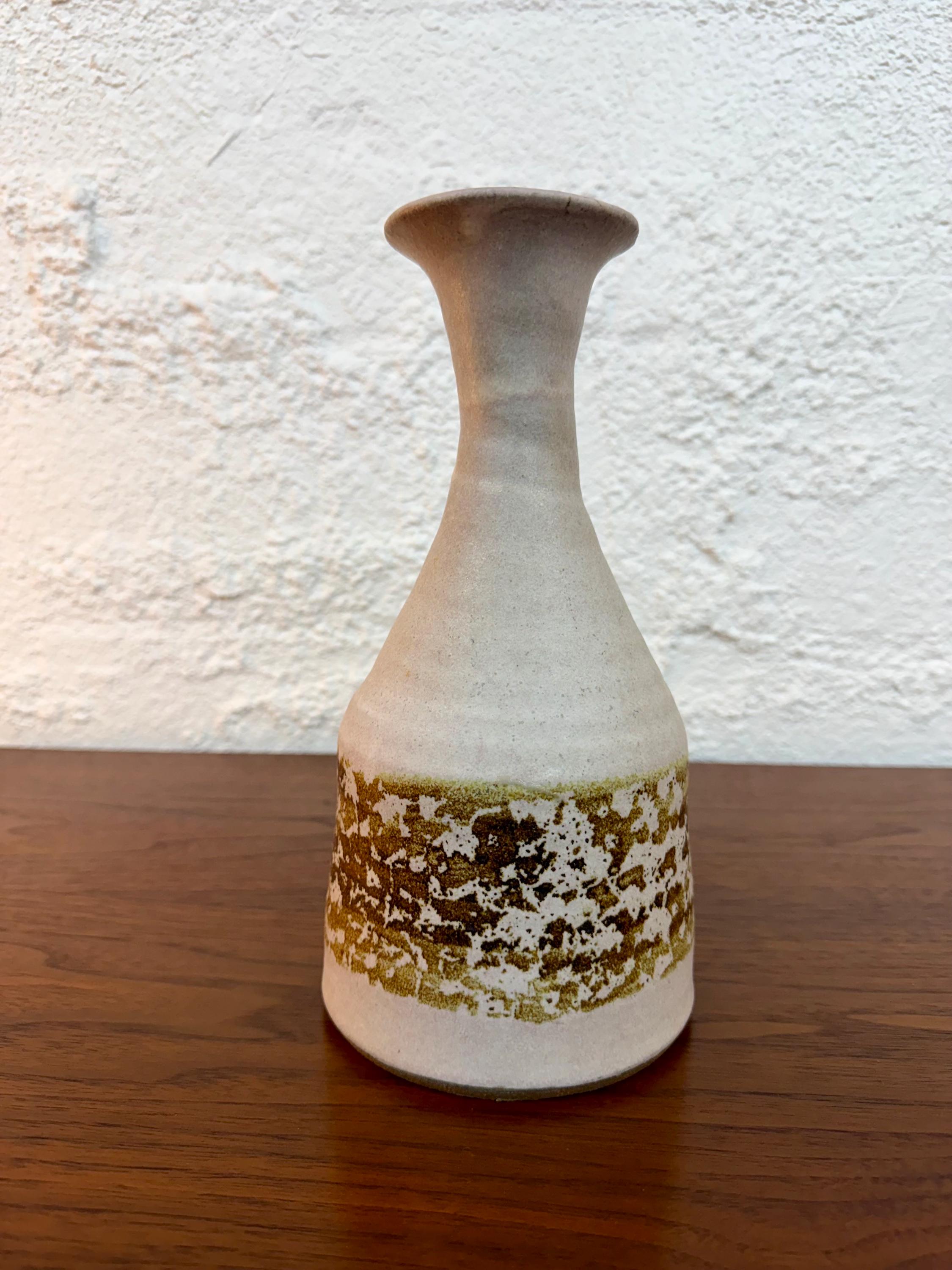 Vintage Signed Neutral Tone Studio Pottery Vase, Cream and Brown Glaze