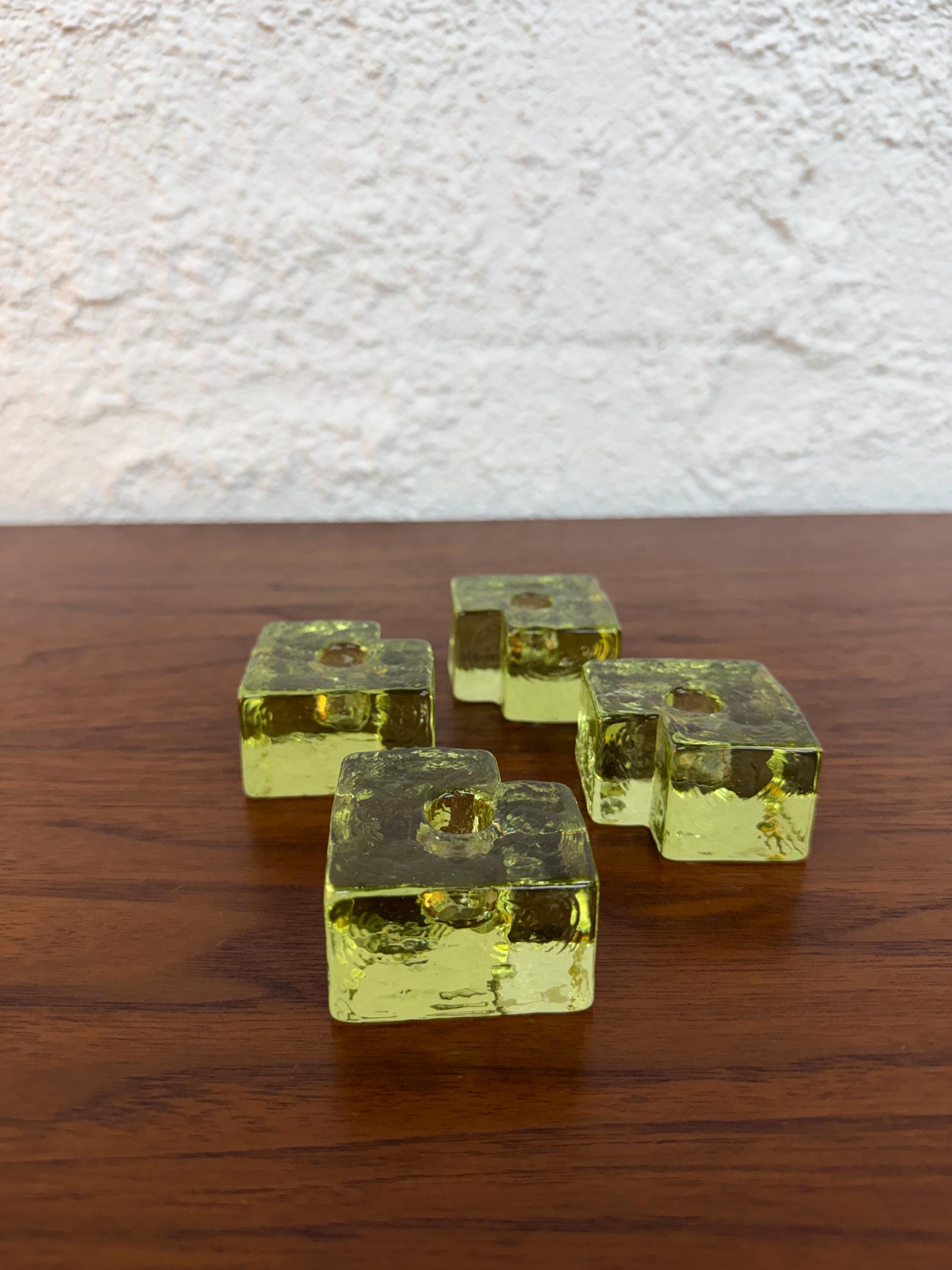 Mid Century Scandinavian Ice Cube Glass Puzzle Candle Holders, Set of 4. Konst Glass Sweden