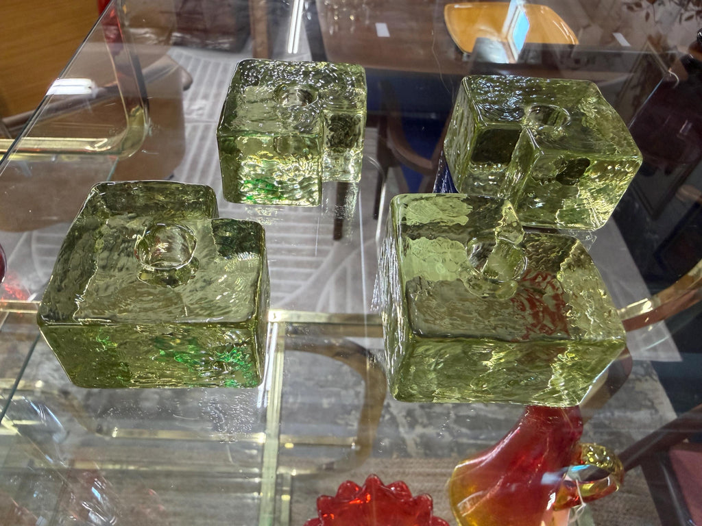 Mid Century Scandinavian Ice Cube Glass Puzzle Candle Holders, Set of 4. Konst Glass Sweden