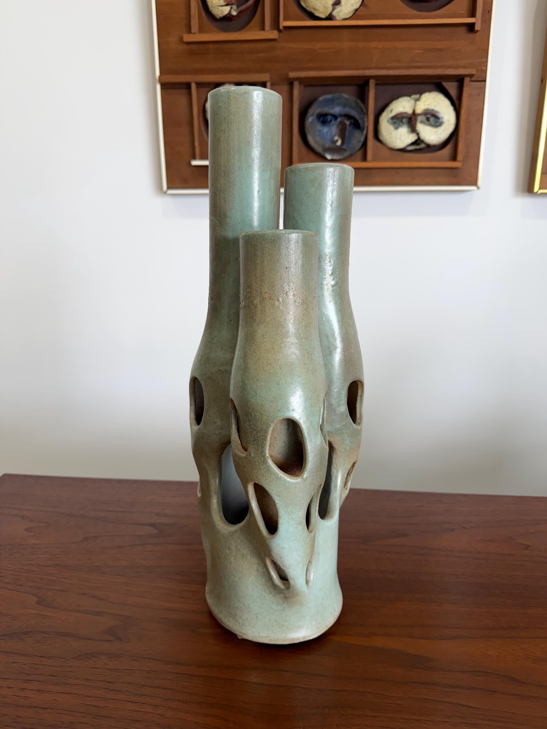 Large Seafoam Green Vintage Modernist Biomorphic Studio Pottery Sculpture Vase by Joanna Price