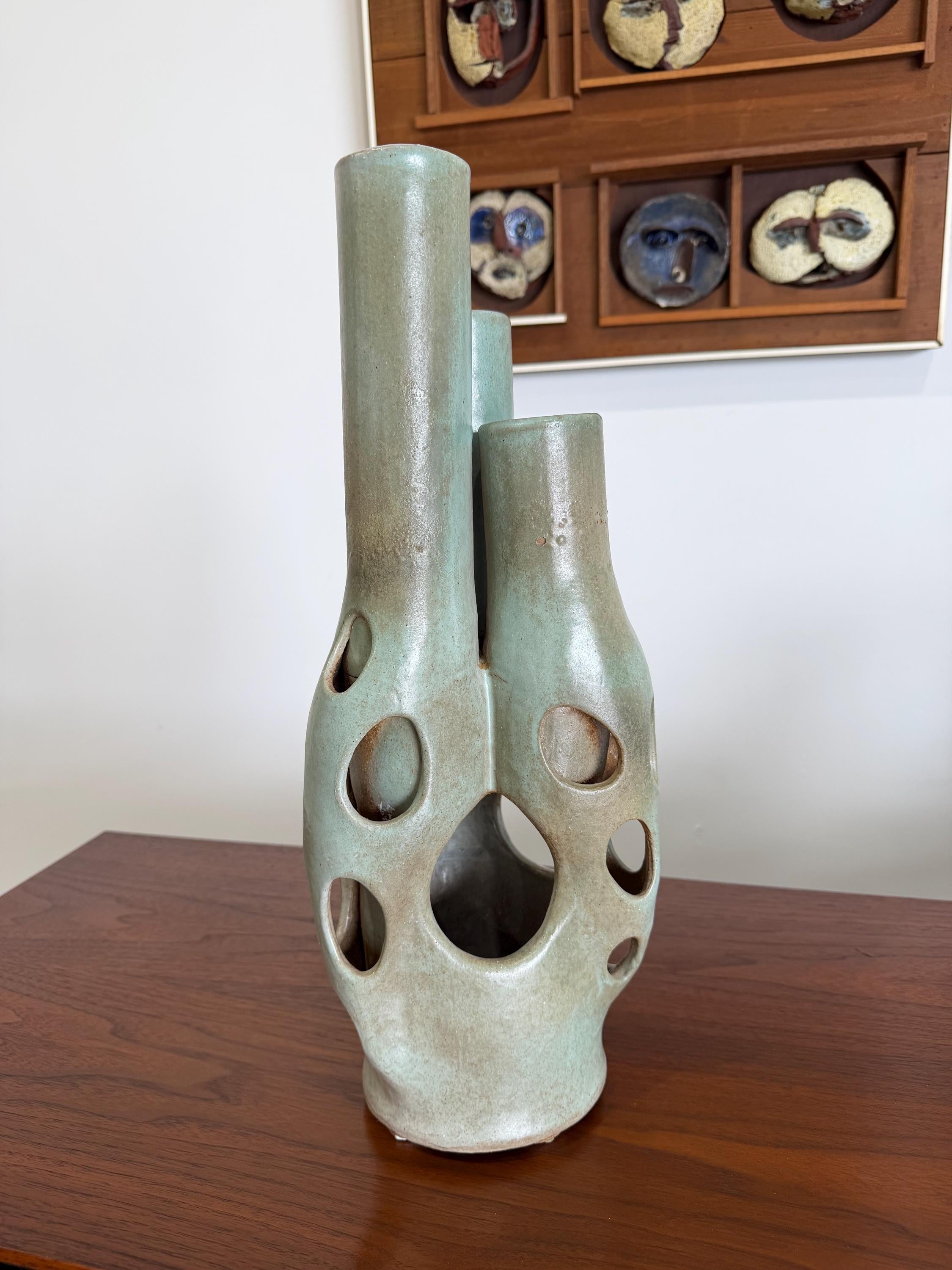 Large Seafoam Green Vintage Modernist Biomorphic Studio Pottery Sculpture Vase by Joanna Price