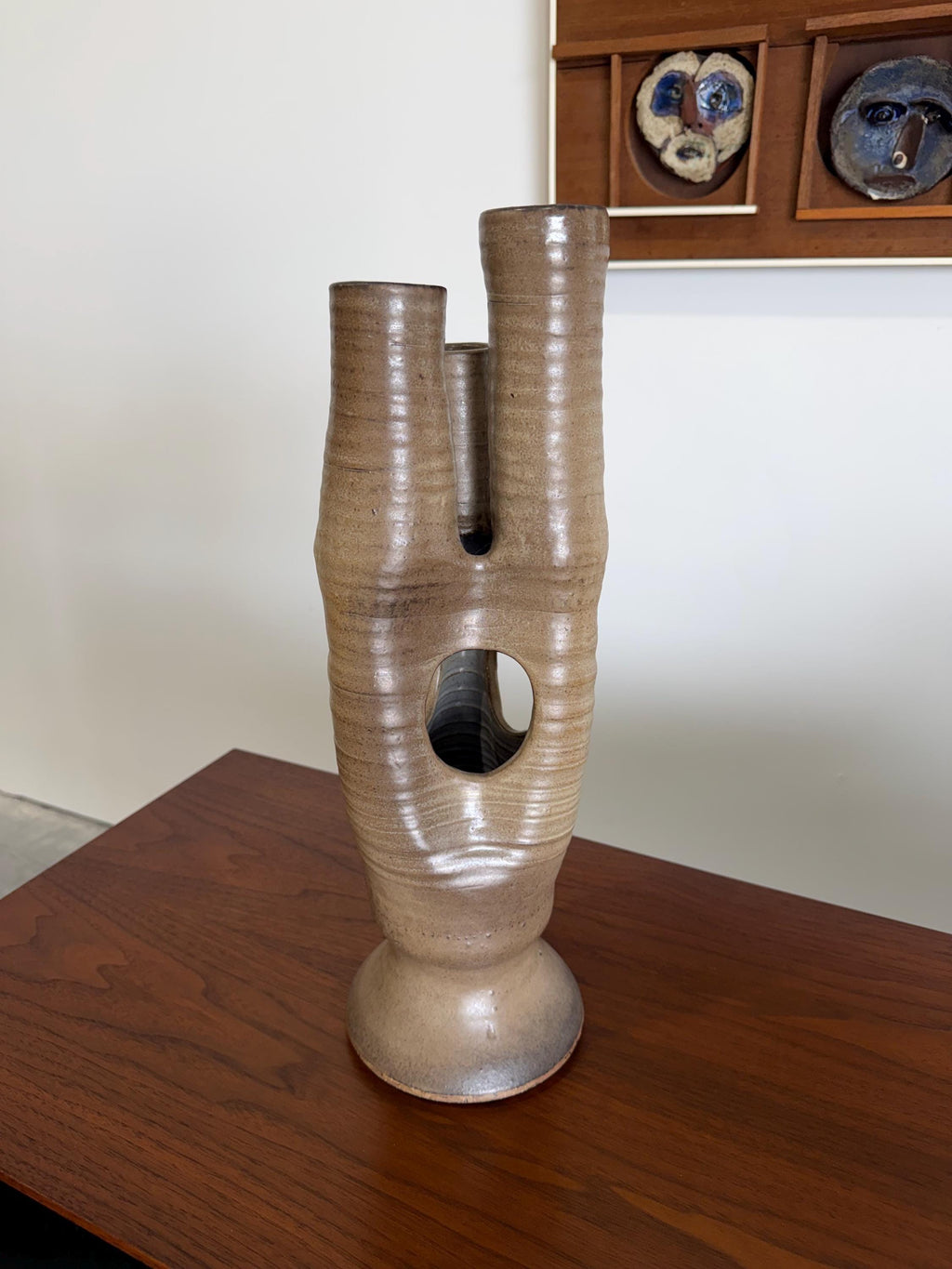 Large Tan Vintage Modernist Biomorphic Studio Pottery Sculpture Vase by Joanna Price