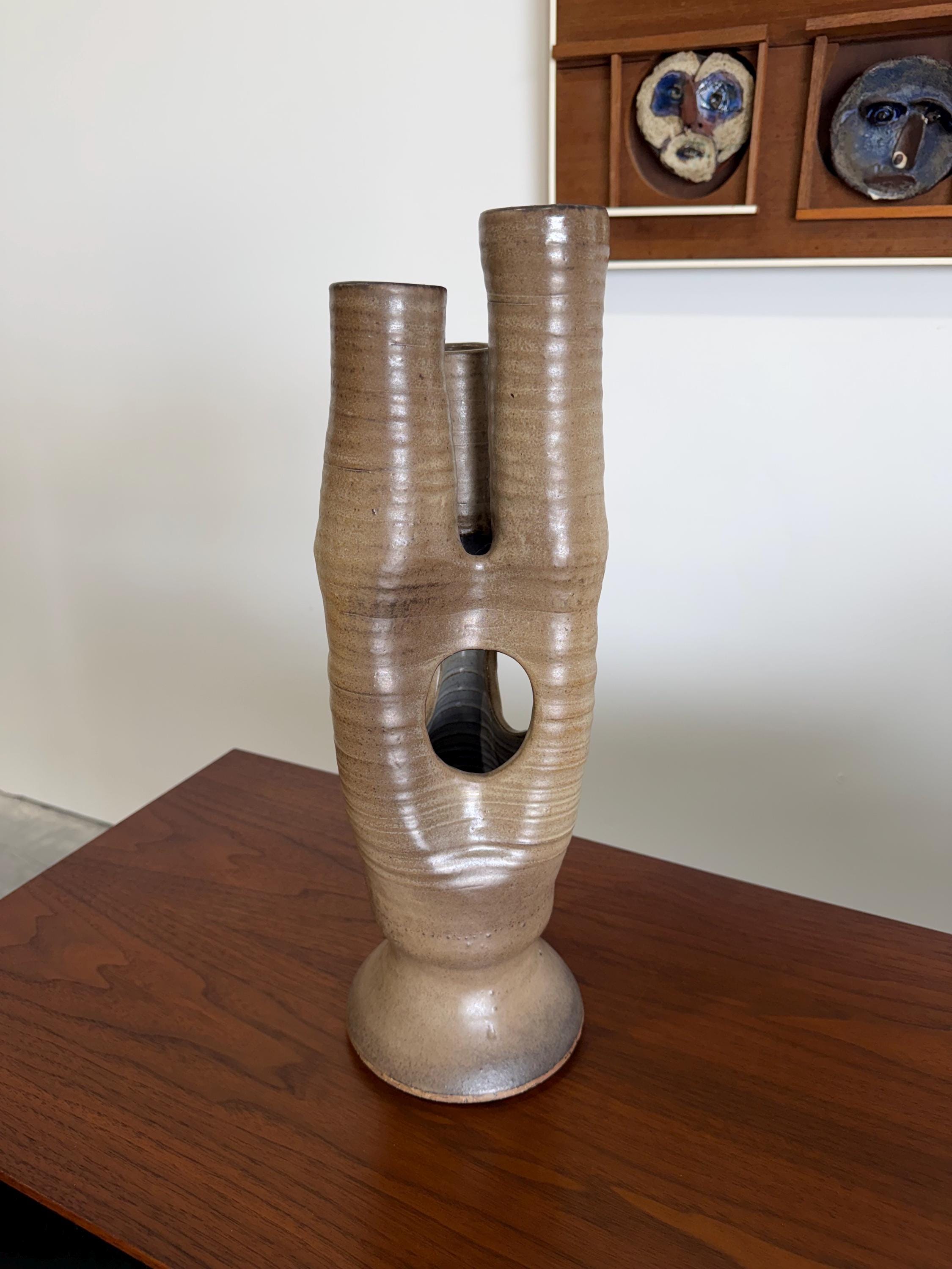 Large Tan Vintage Modernist Biomorphic Studio Pottery Sculpture Vase by Joanna Price