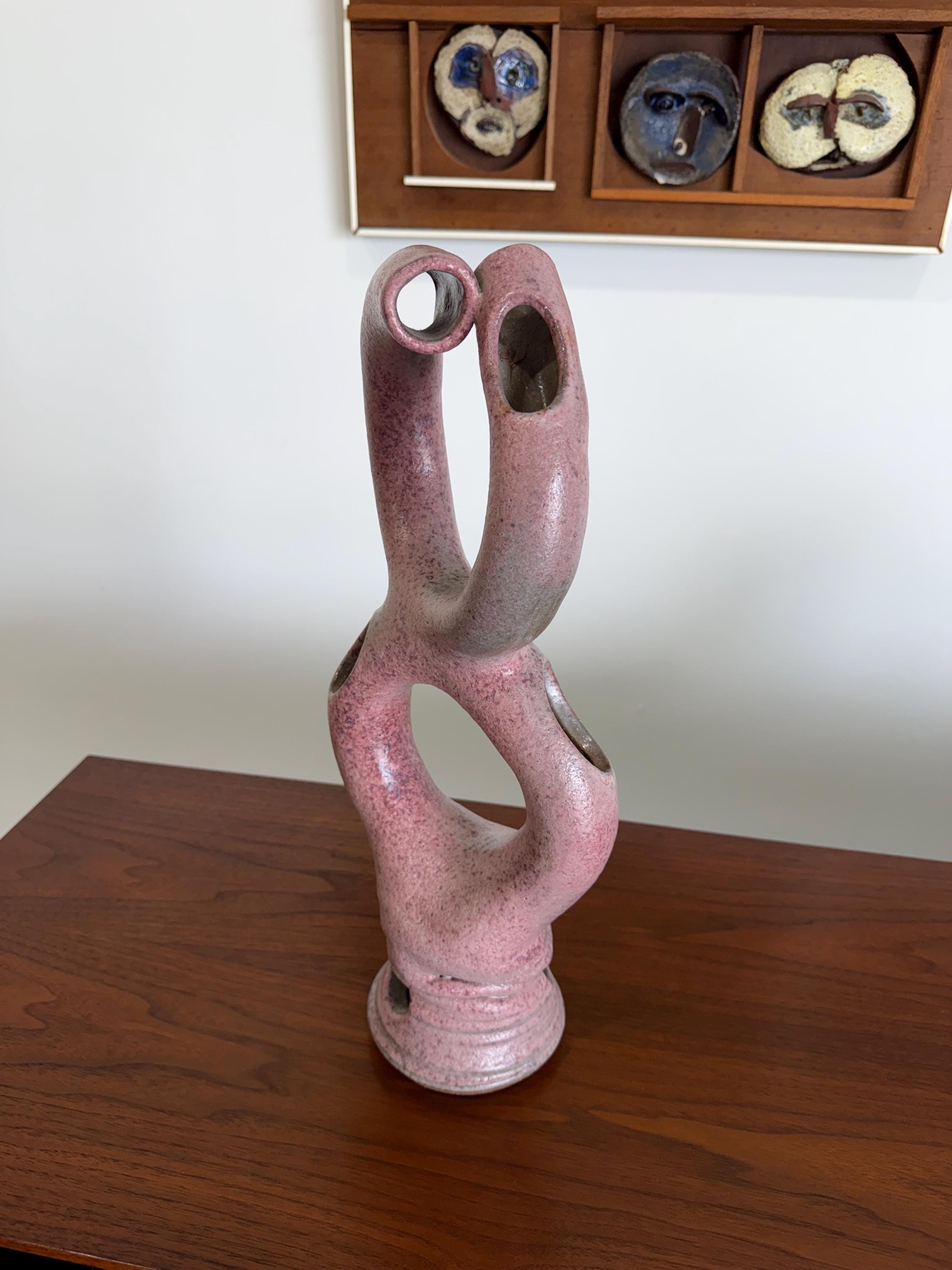 Vintage Pink Modernist Biomorphic Studio Pottery Sculpture Vase by Joanna Price