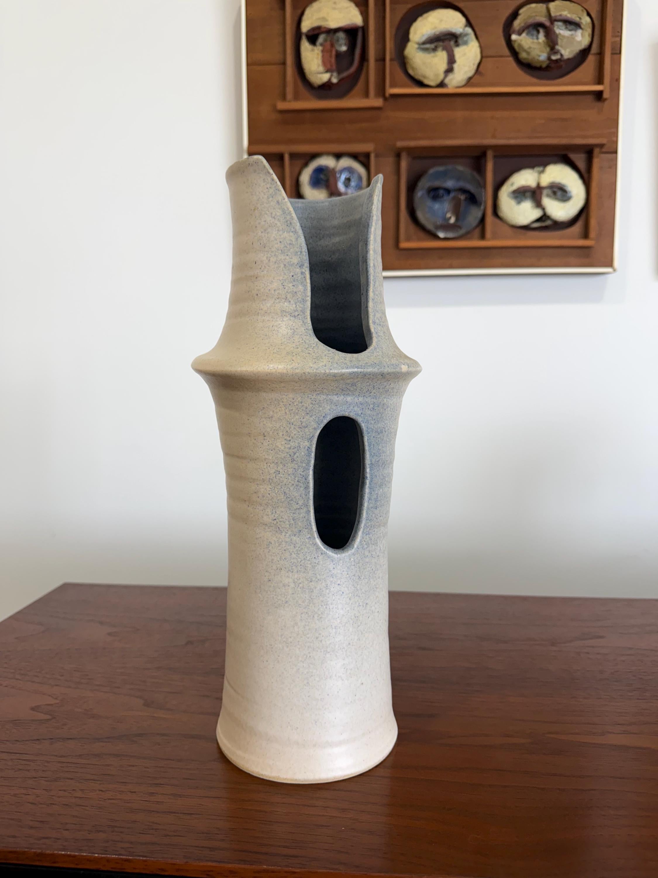 Vintage Modernist Cream and Blue Studio Pottery Vase by Carol Mayer