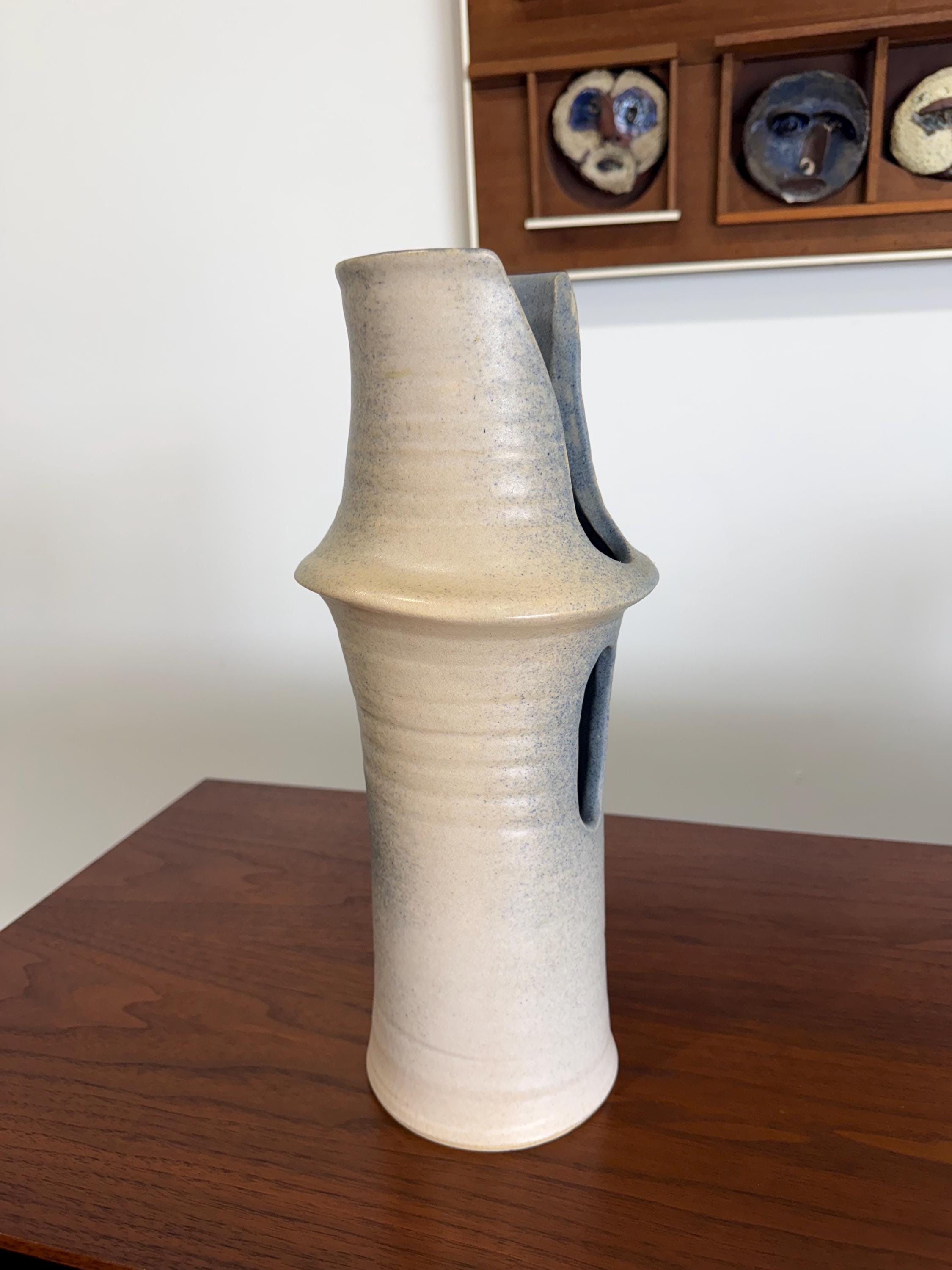 Vintage Modernist Cream and Blue Studio Pottery Vase by Carol Mayer