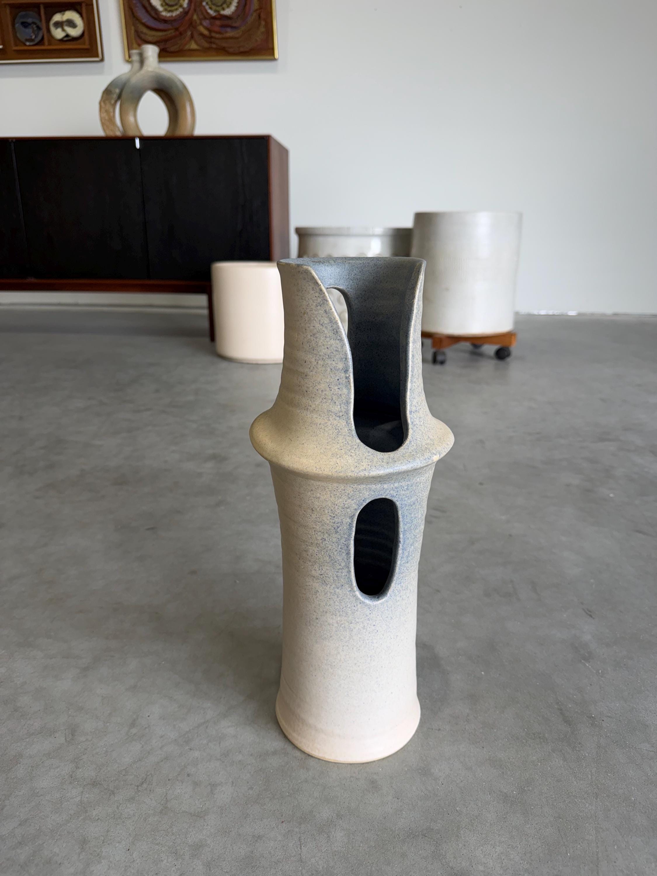 Vintage Modernist Cream and Blue Studio Pottery Vase by Carol Mayer