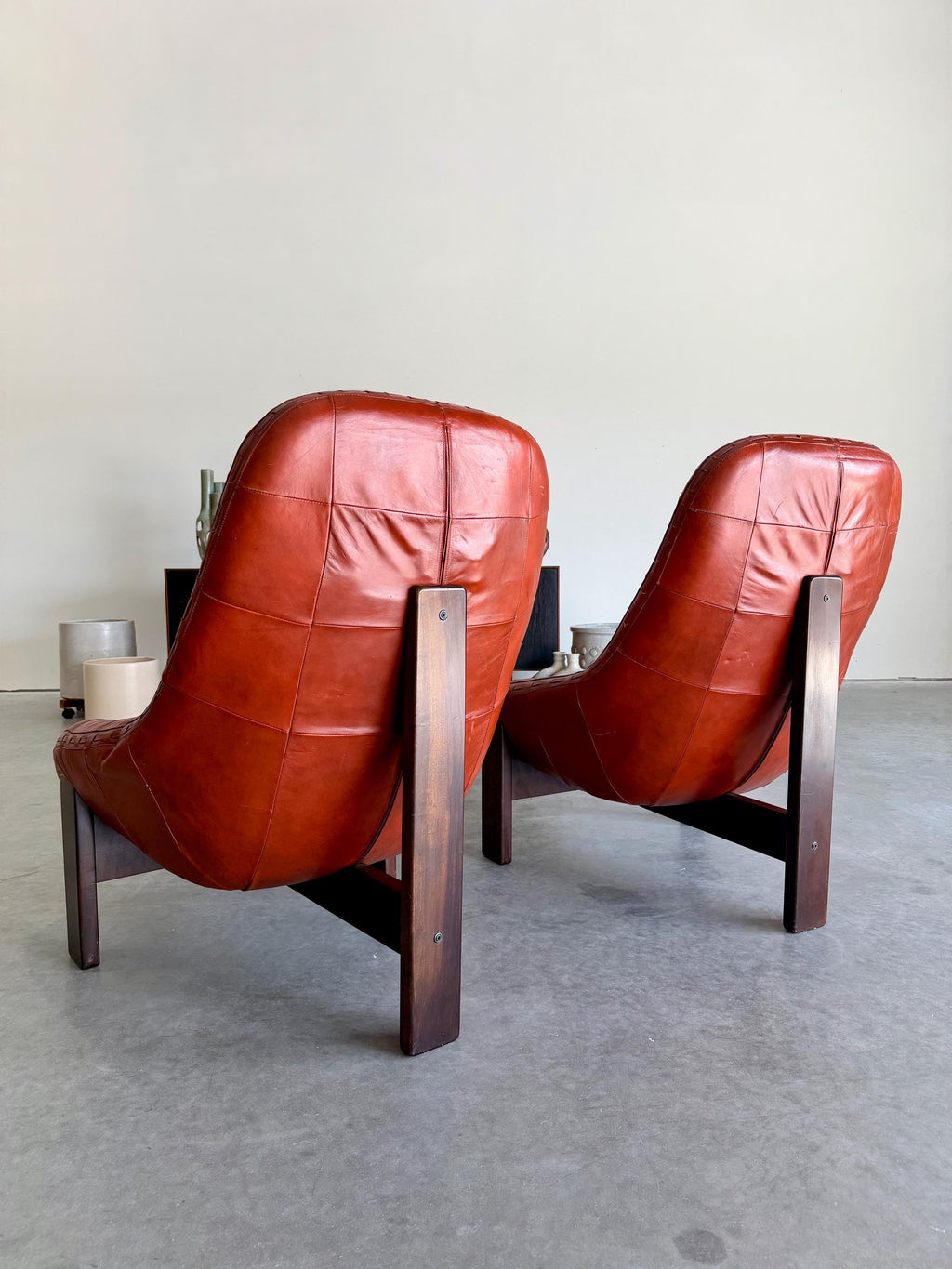 Brazilian Modernist Jean Gillon Chairs and Ottoman set, Leather and Imbuia Wood