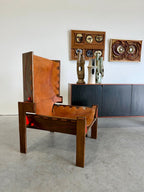 Mid Century Modernist Hand Crafted Leather and Wood Shelter Chair, One of a Kind