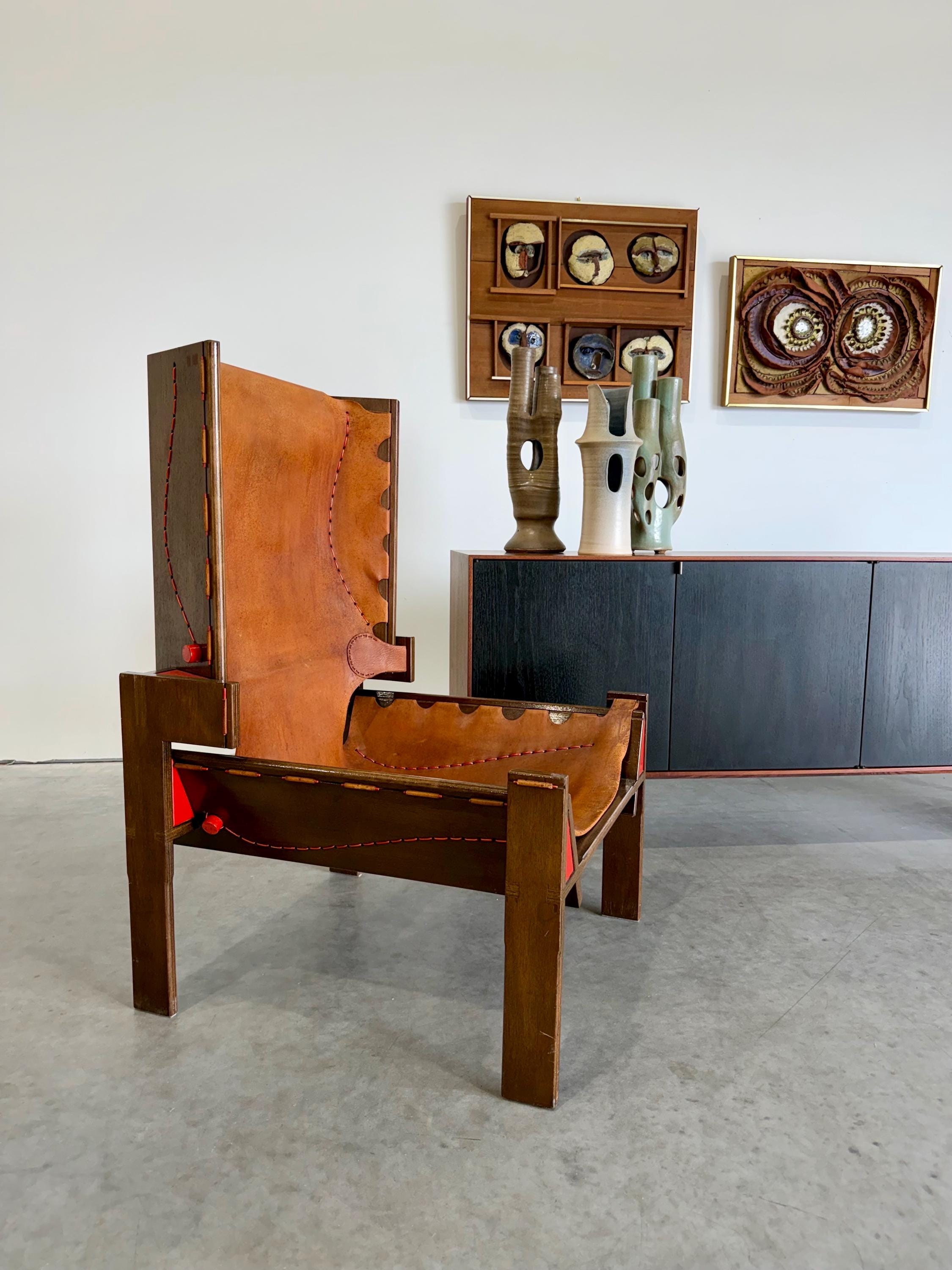Mid Century Modernist Hand Crafted Leather and Wood Shelter Chair, One of a Kind