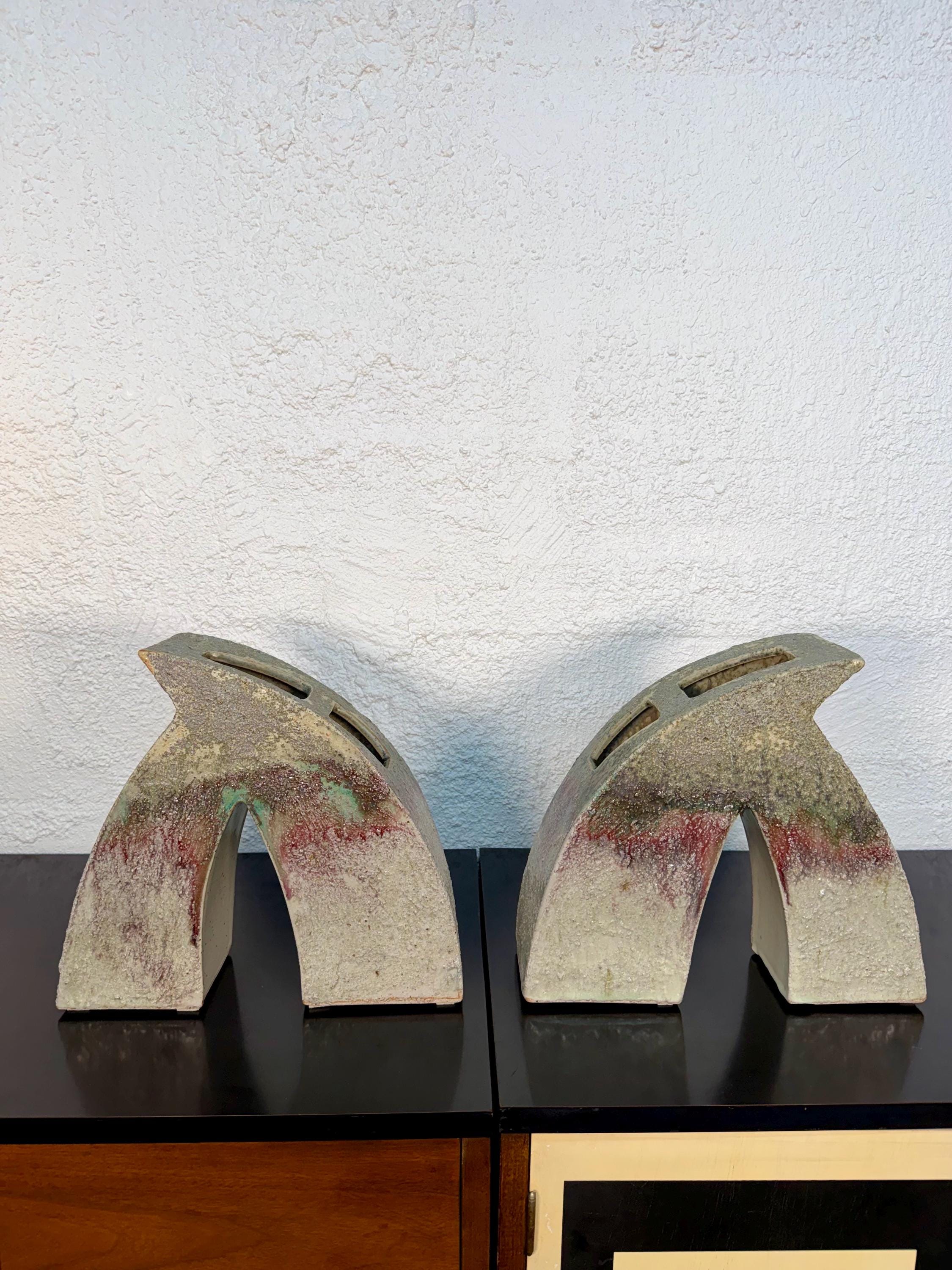 Vintage Sculptural Postmodern Ikebana Studio Pottery Vase Pair by Keiko Hergesheimer