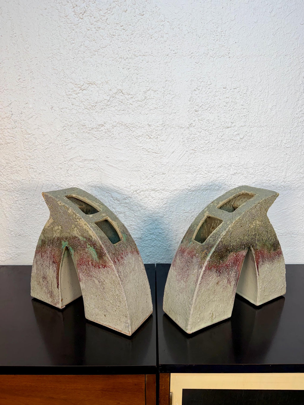 Vintage Sculptural Postmodern Ikebana Studio Pottery Vase Pair by Keiko Hergesheimer