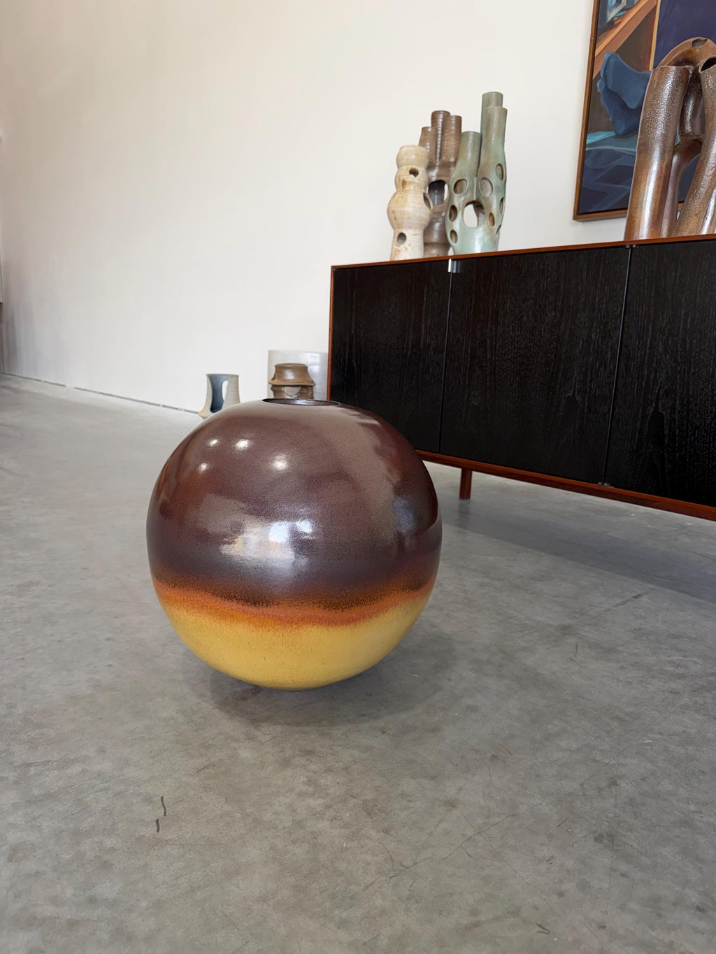 Extra Large Vintage Studio Pottery Floor Ball Vase, 17”H, Signed