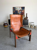 Mid Century Modernist Hand Crafted Leather and Wood Shelter Chair, One of a Kind
