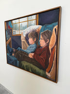 Large Vintage Original Figurative Acrylic on Canvas, Boys Watching TV c.1980’s