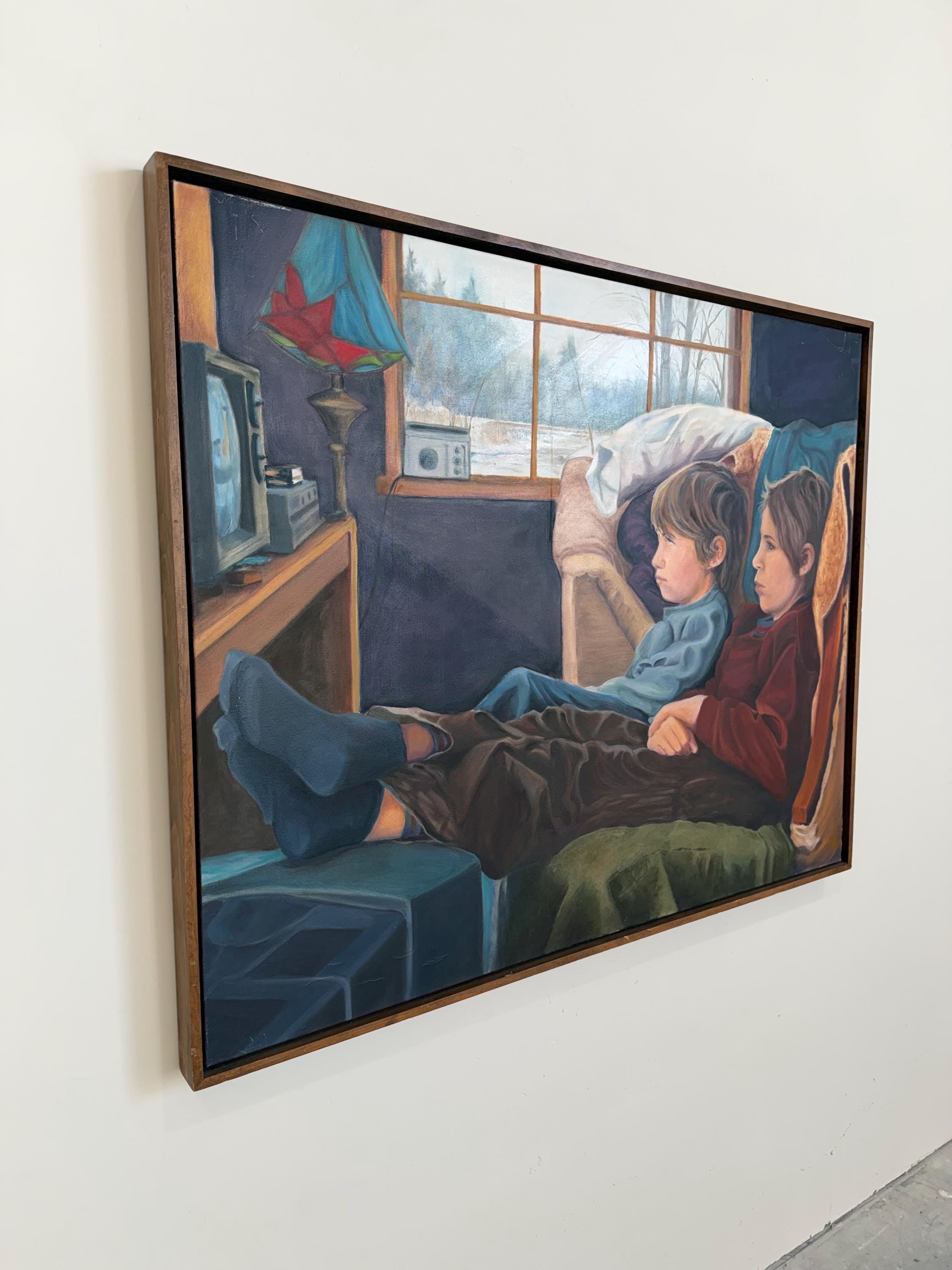 Large Vintage Original Figurative Acrylic on Canvas, Boys Watching TV c.1980’s