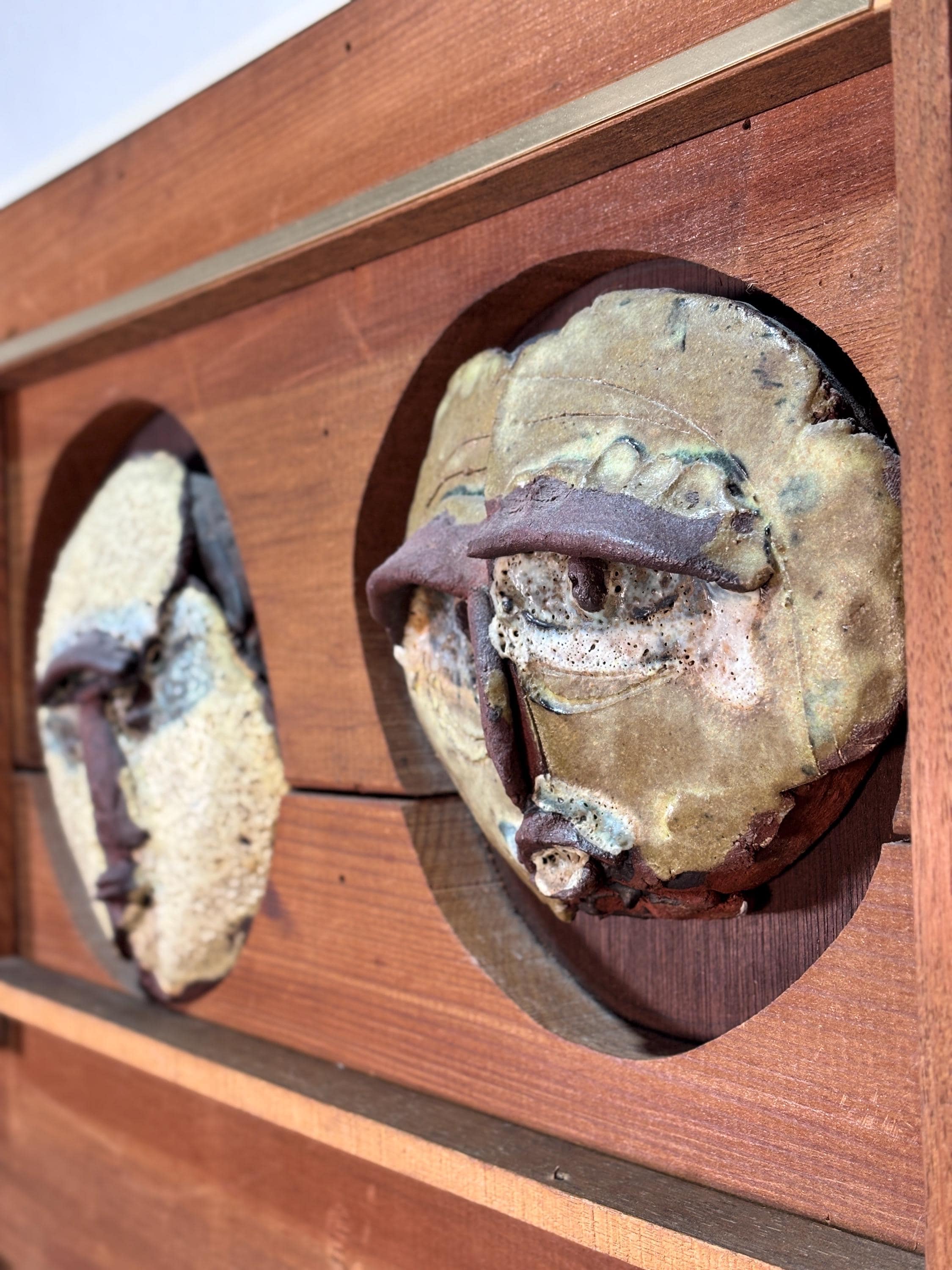 Abstract Faces Mid Century Studio Pottery and Wood Wall Art by Harold Nosti