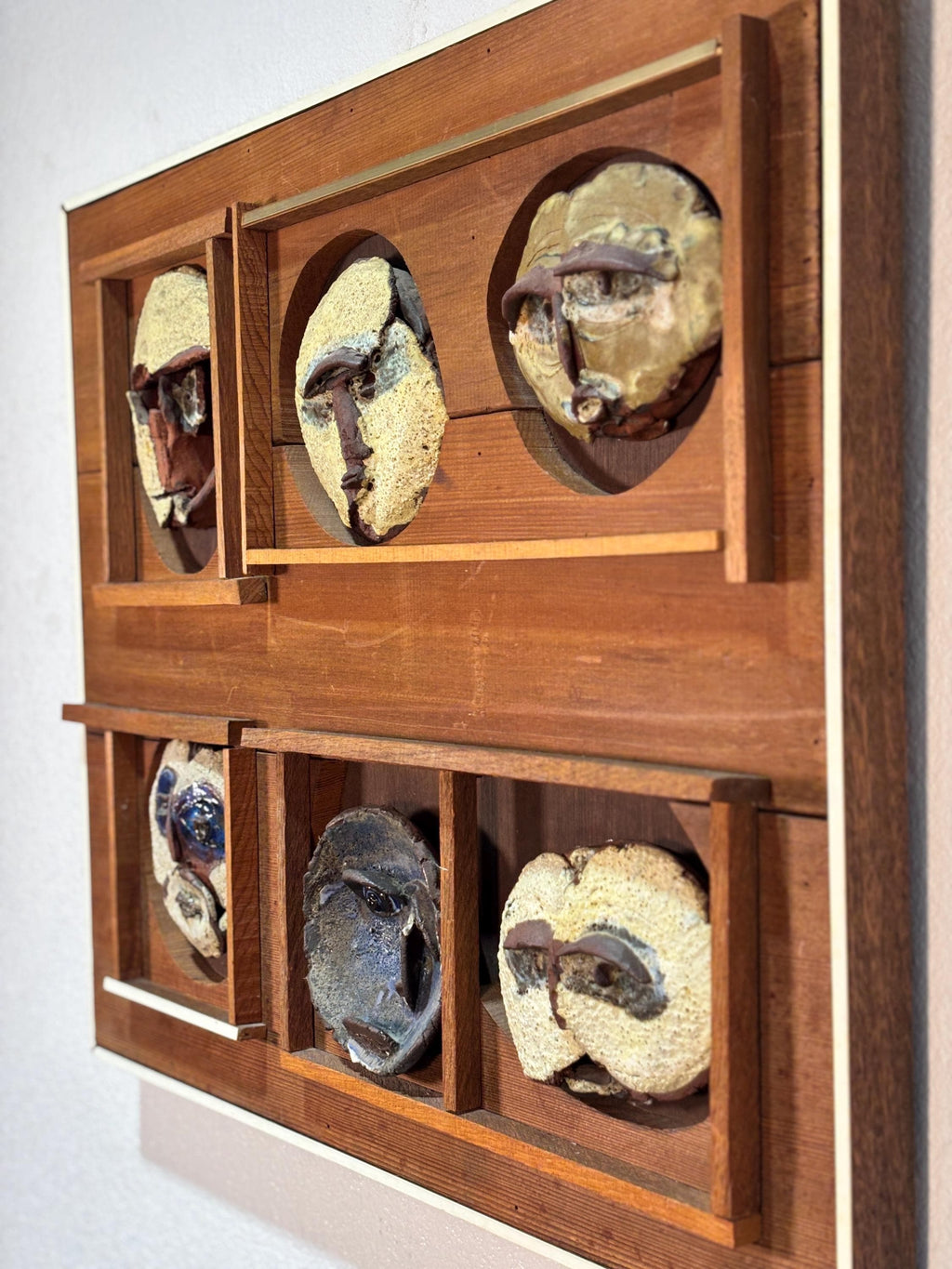 Abstract Faces Mid Century Studio Pottery and Wood Wall Art by Harold Nosti