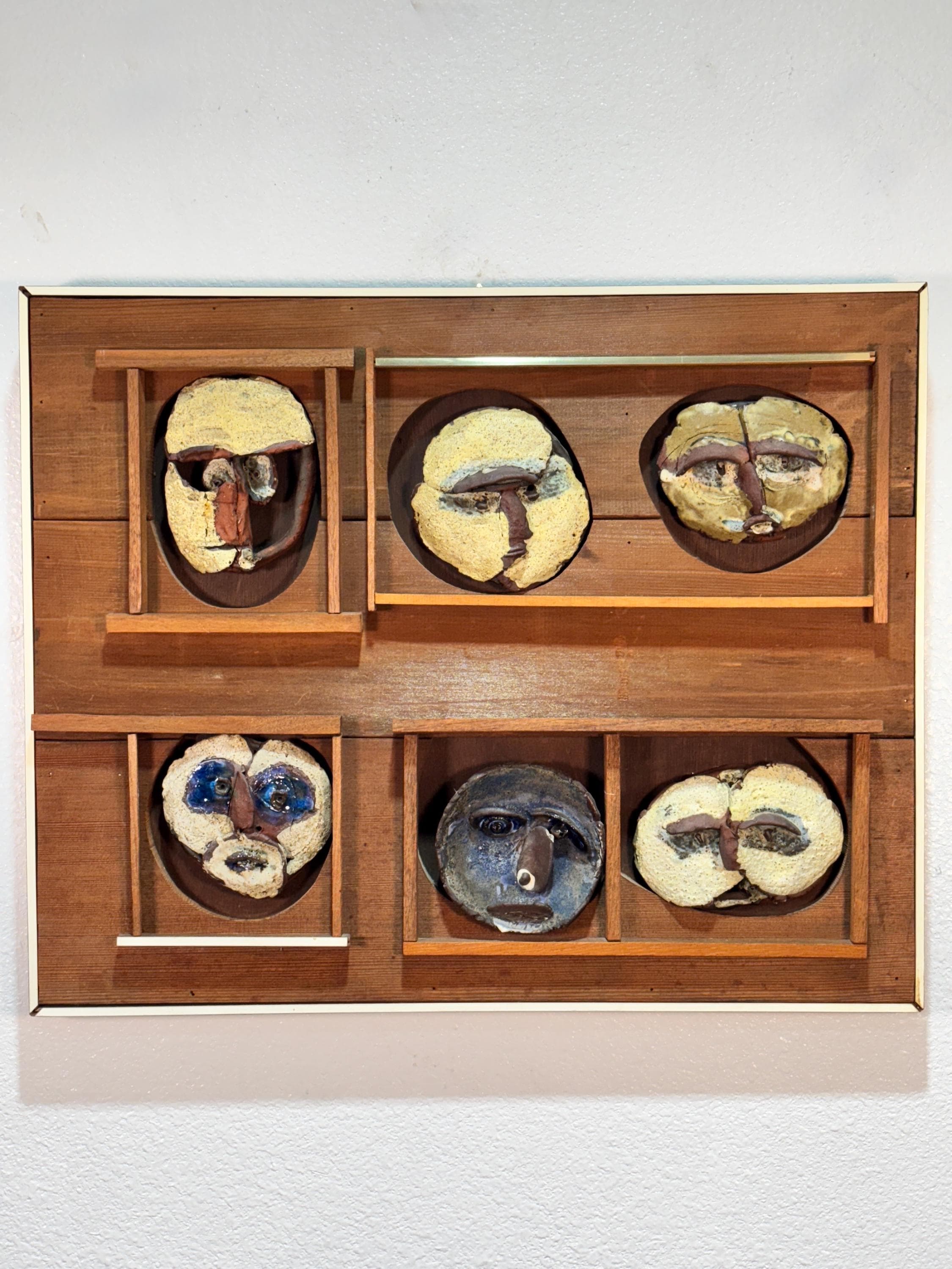 Abstract Faces Mid Century Studio Pottery and Wood Wall Art by Harold Nosti