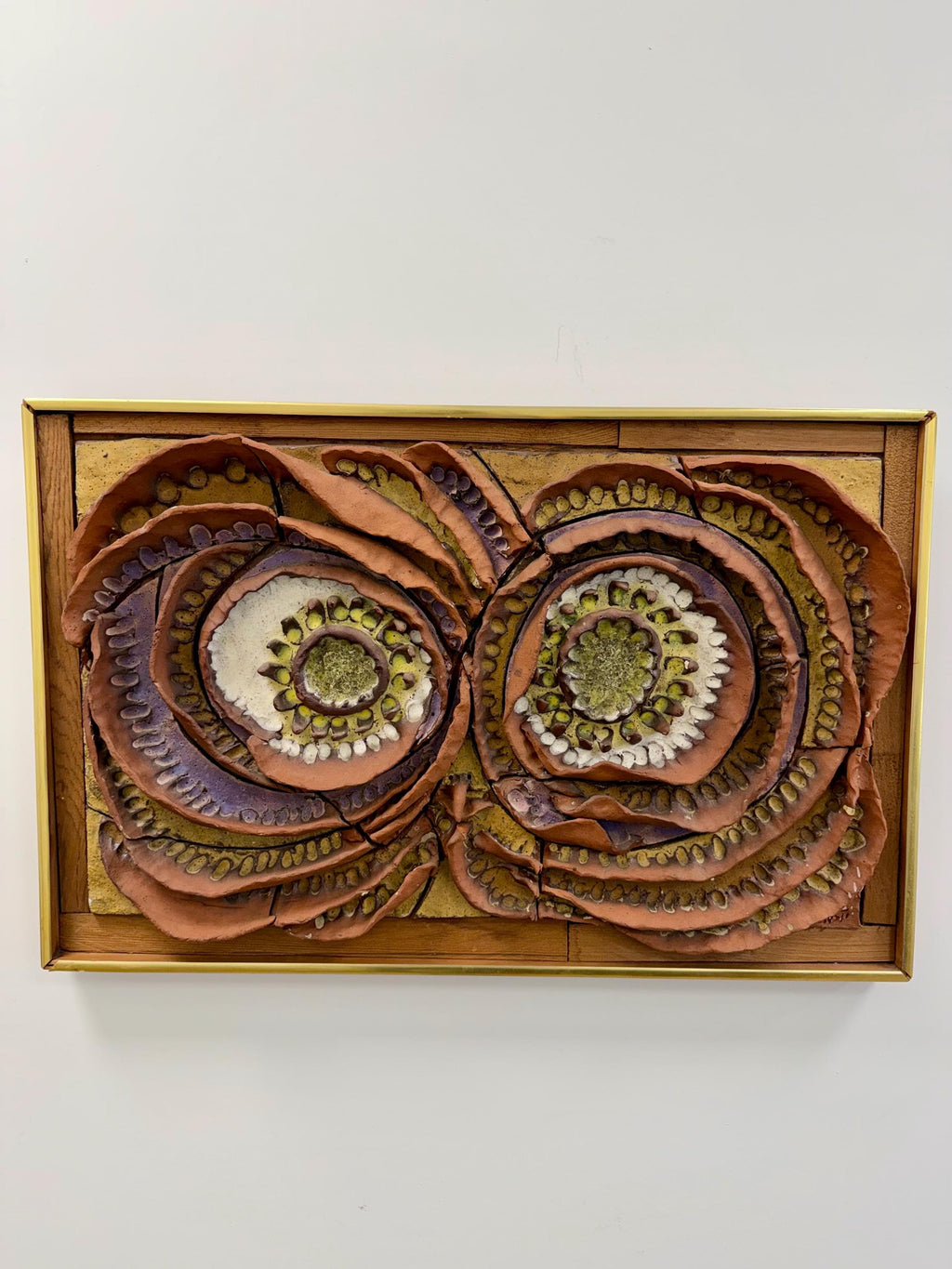 Abstract Owl Mid Century Studio Pottery and Fused Glass Framed Wall Art by Harold Nosti