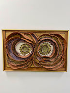 Abstract Owl Mid Century Studio Pottery and Fused Glass Framed Wall Art by Harold Nosti