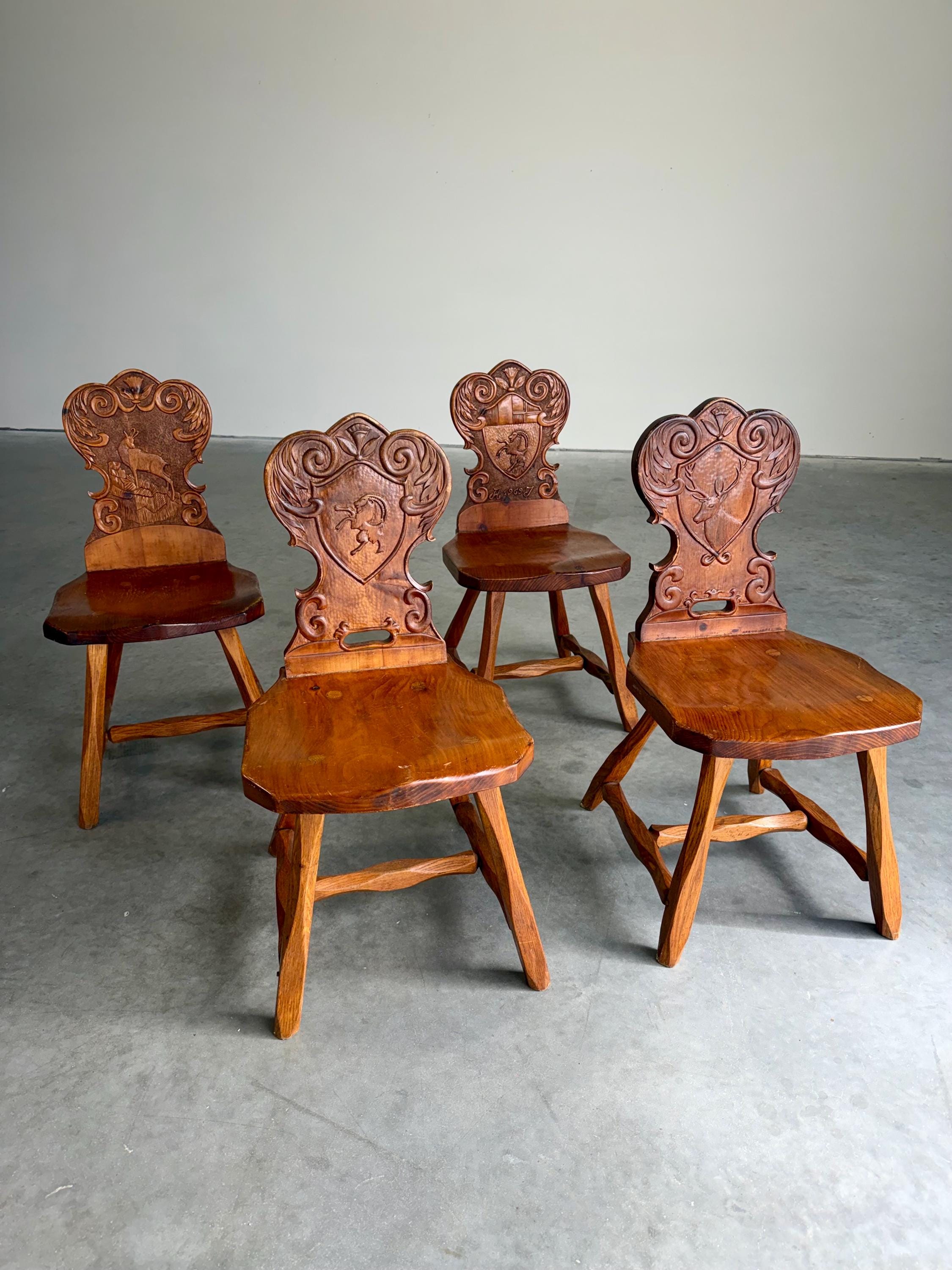 Vintage Brutalist Tyrolean Swiss Alpine Carved Pine Dining Chairs, Set of 4