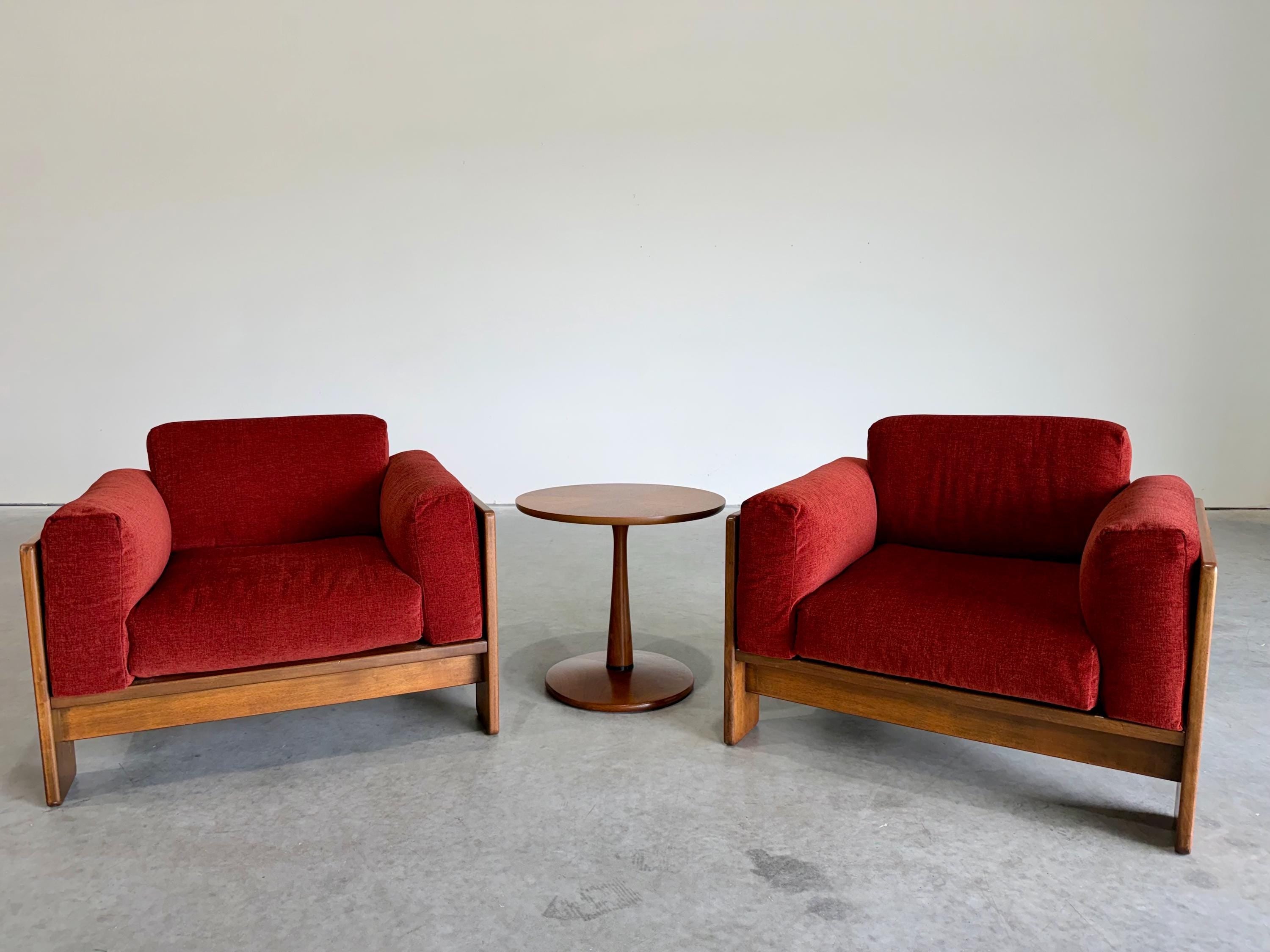 Pair of Walnut Bastiano Lounge Club Chairs by Tobia Scarpa for Gavina, Reupholstered