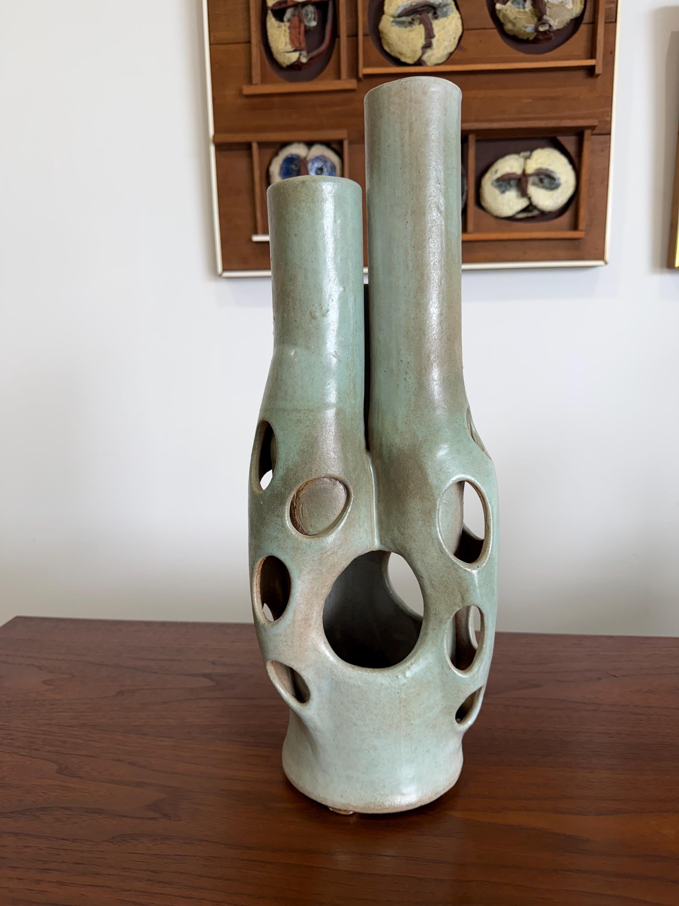 Large Seafoam Green Vintage Modernist Biomorphic Studio Pottery Sculpture Vase by Joanna Price