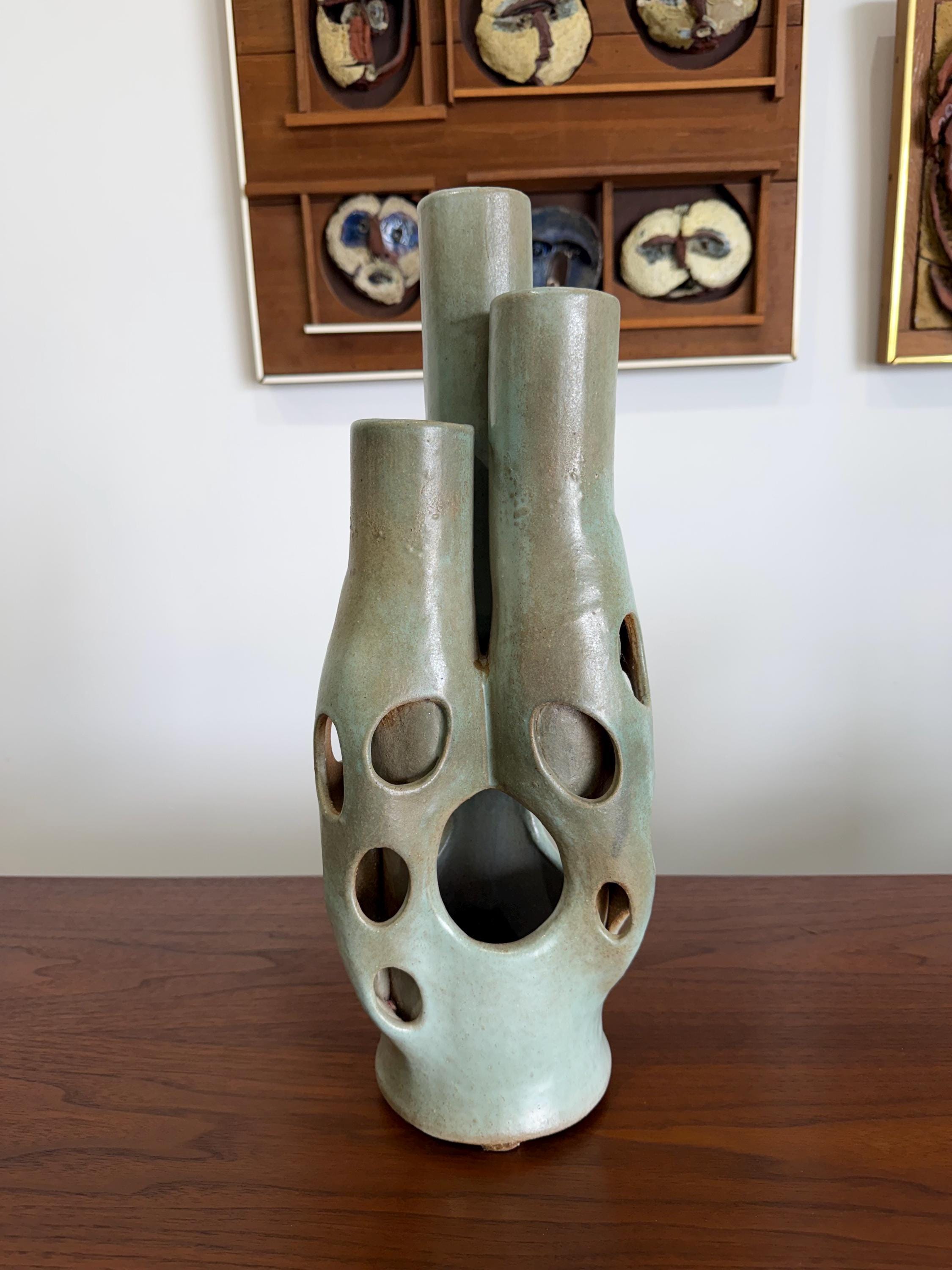 Large Seafoam Green Vintage Modernist Biomorphic Studio Pottery Sculpture Vase by Joanna Price